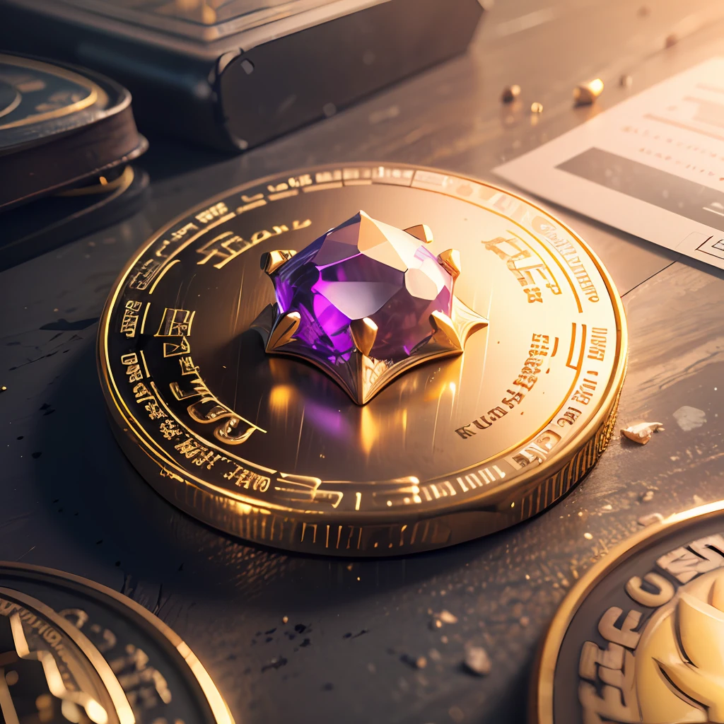 Realistic Photo of Gold and Purple Coin with an ultra detailed design 8K, Crypto currency, Cryptographic signs falling from the sky, rendered in Cinema4D, rendered in Cinema 4D, coin, texture GOLD and CRISTAl PURPLE, highly detailed texture rendering, rendered in Cinema 4D Octane, portrayed as a 3D rendering, created in render Octane, rendered with substance designer, fantasy game spell symbol, super detailed rendering. ((Super Realistic Quality))