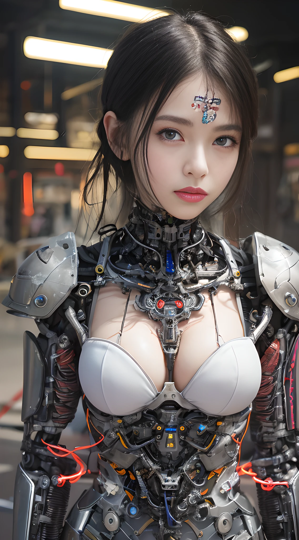 Top Quality, Masterpiece, Ultra High Resolution, (Photorealistic: 1.4), Raw Photo, 1 Girl, Black Hair, Glossy Skin, 1 Mechanical Girl, (Ultra Realistic Detail)), Portrait, Global Illumination, Shadows, Octane Rendering, 8K, Ultra Sharp, Big, Cleavage Exposed Raw Skin, Metal, Intricate Ornament Details, Japan Details, Very intricate details, realistic light, CGSoation trend, purple eyes, glowing eyes, facing the camera, neon details, mechanical limbs, blood vessels connected to the tube, mechanical vertebrae attached to the back, mechanical cervical attachment to the neck, sitting, wires and cables connecting to the head, gundam, small LED lamps,