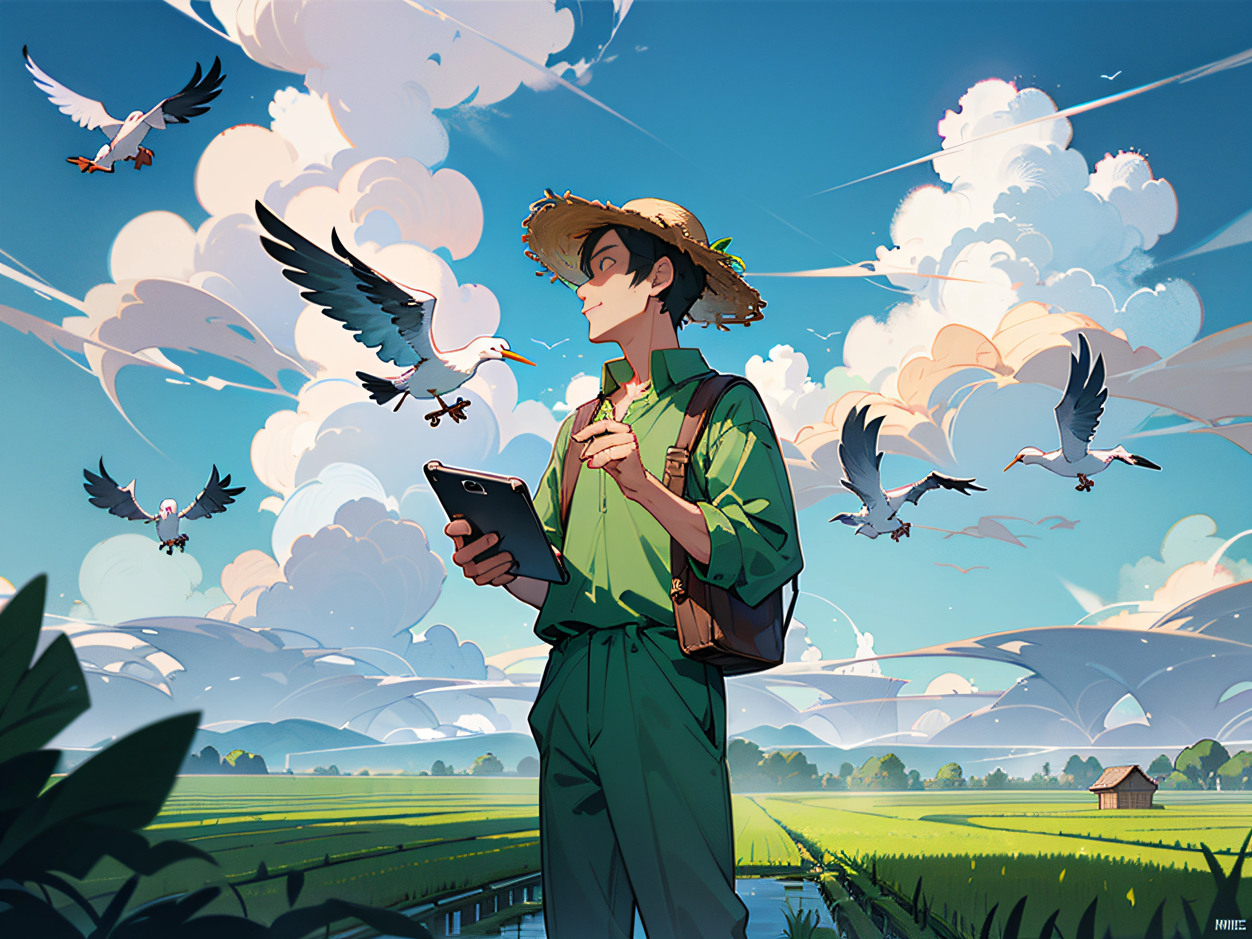 Green rice fields with flock of storks flying in the sky, a farmer uncle looking to sky, ((farmer uncle wearing engineer uniform)), wearing straw hat, two hand holding a ipad, huge background, beautiful sky with cloud