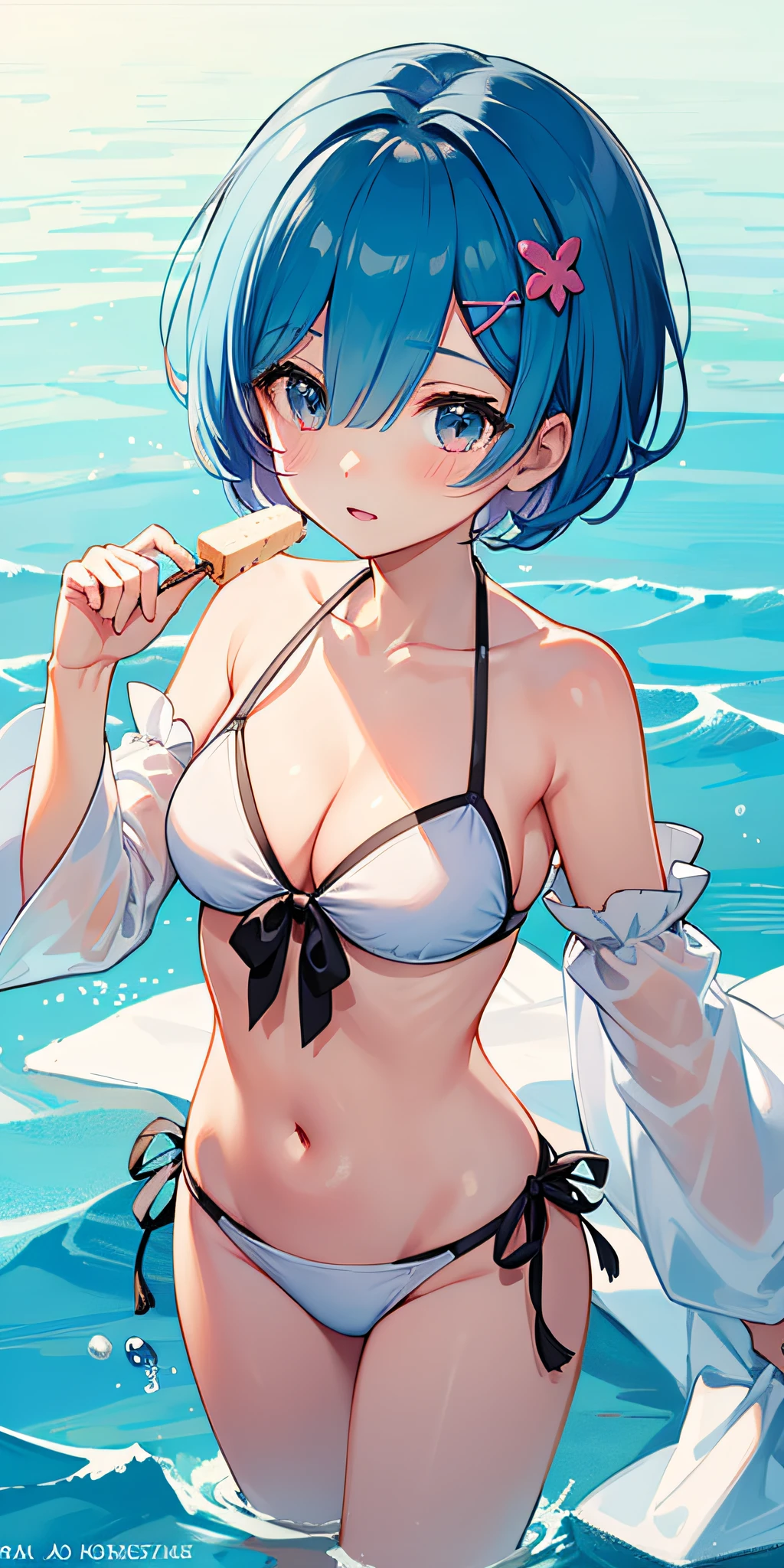 masterpiece, best quality;1.3), ultra detailed, ooking at viewer, rem_re_zero, Facial close-up,blue hair, short hair, hair ornament, cleavage, detached sleeves, masterpiece, top quality, best quality, 1  girl, swimsuit party, in the water,fish,watermelon,cute style, perfect structure, summer theme，（White yarn bikini：1.2），Hand held ice cream，