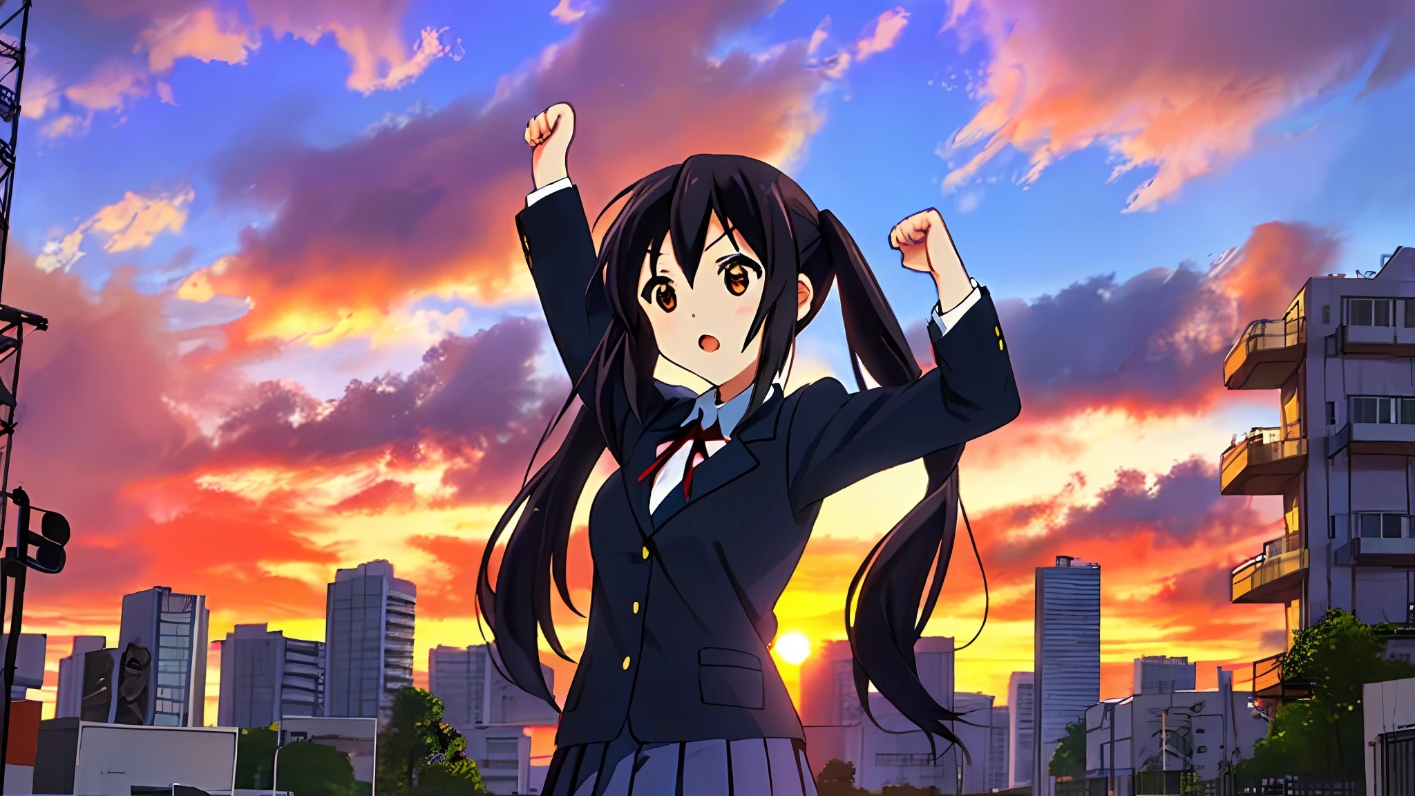 1girl, ((((Masterpiece))), Best Quality, Best Quality, High Detail, Azusa Nakano, 1girl, Sakuragaoka High School Uniform, Musical Instrument, School Uniform, Twin Tails, Long Hair, Black Hair, Brown Eyes, Solo, Red, Dark blue blazer with a thin ribbon of red, Solid white button shirt under blazer, Illustration, Cartoon, Soothing tones, Muted colors, Soft cinematic light, Adobe Lightroom, Photo Lab, HDR, complex and highly detailed, (((depth of field))))). (((Masterpiece))). (((highest quality))).) ((super detail))). (((Illustration))). (((fighting stance))).,((((Gigantic))).dynamic focus. (((skyscrapers))). (((Cityscape))). (((Despair Face))). open mouth. (((Sunset))). (((Sunset))). (((clench fists))). (((Proud))). (((small breasts))). (((Raise arms))). (((One arm is bent))).