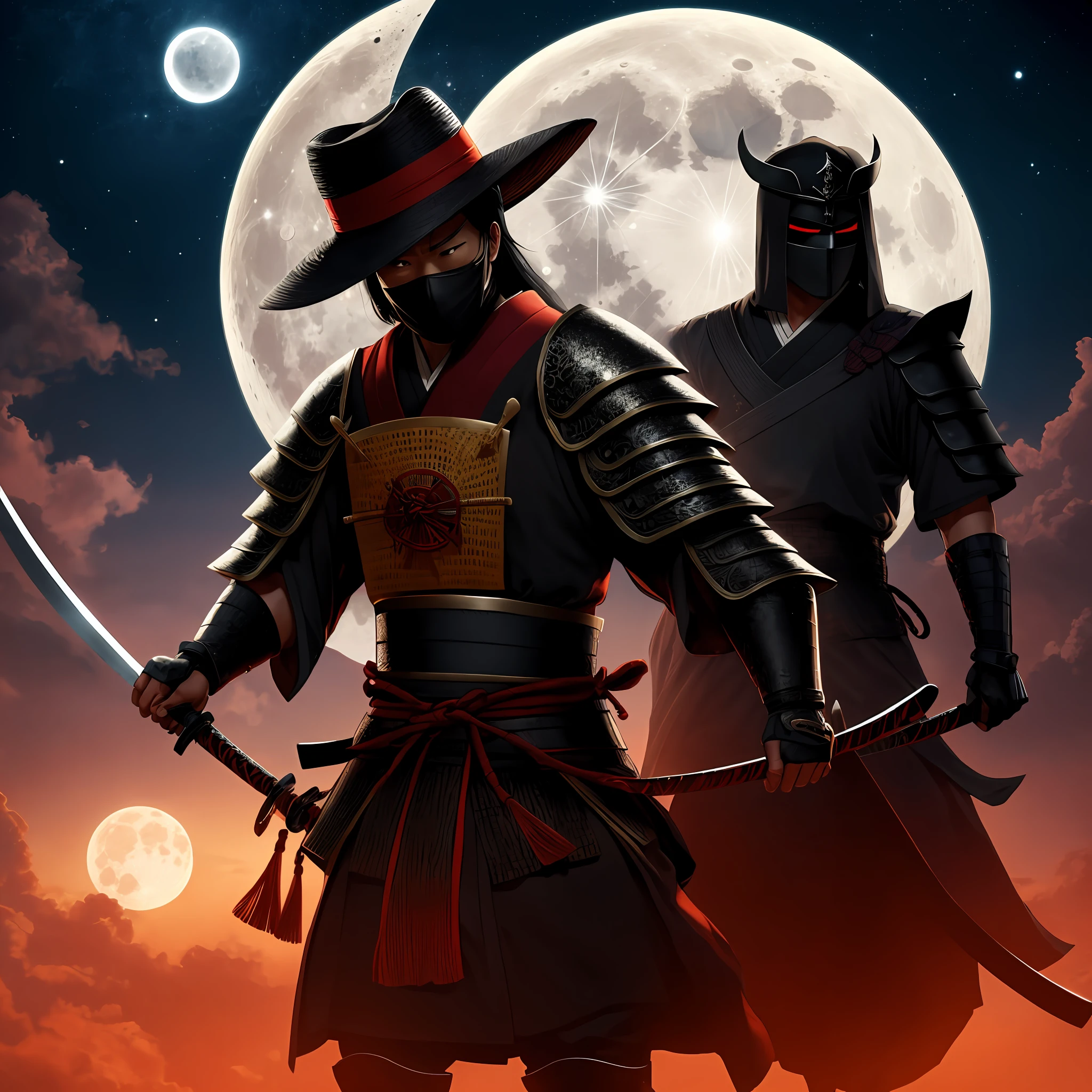 A Samurai in a black mask, black steel armor. swords white blades and a sword blade of reflection with red Black straw hat Night with moon. 4k --auto