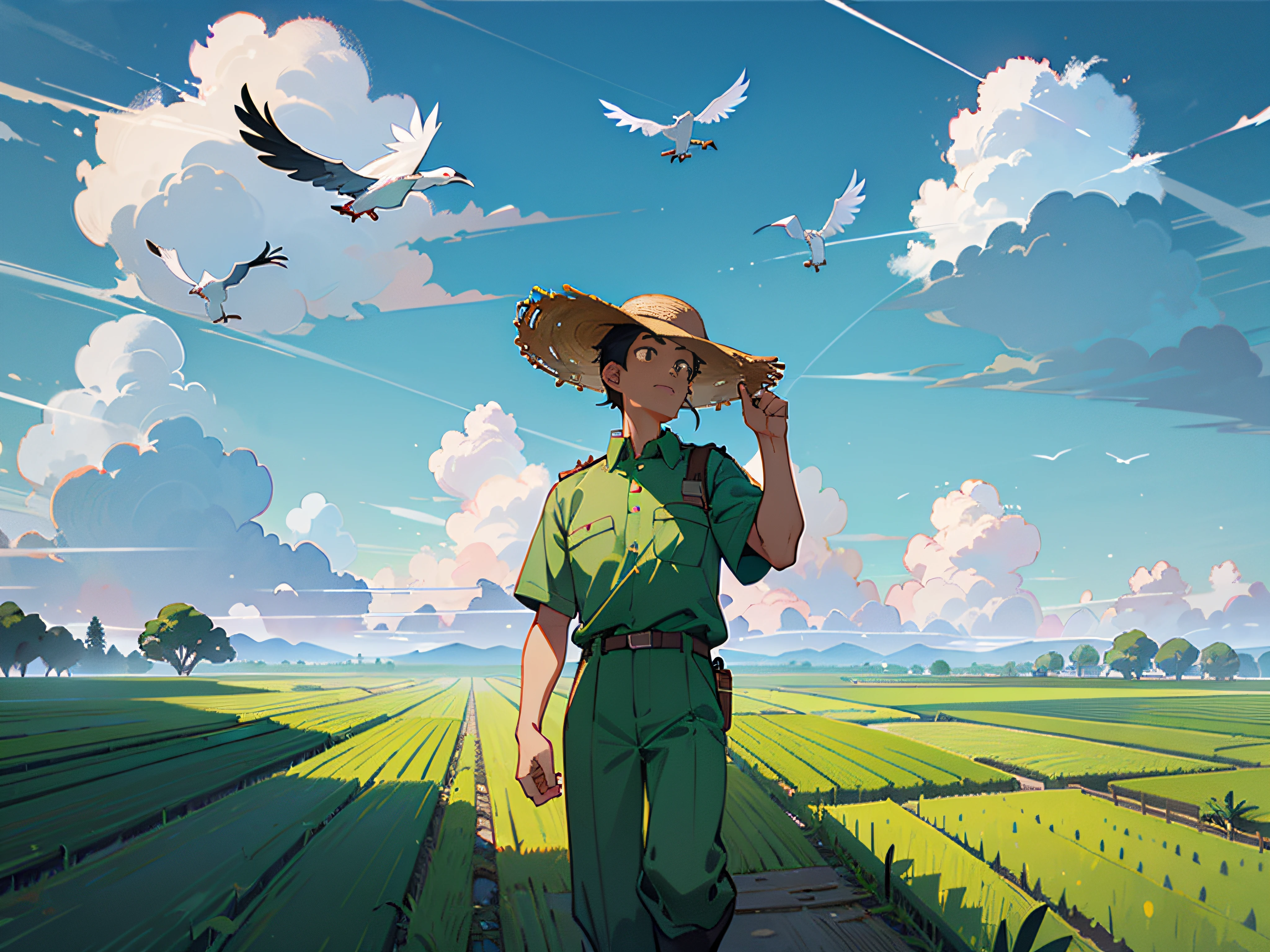 Green rice fields with flock of storks flying in the sky, a farmer uncle looking to sky, ((farmer uncle wearing engineer uniform)), wearing straw hat, two hand holding a ipad, huge background, beautiful sky with cloud