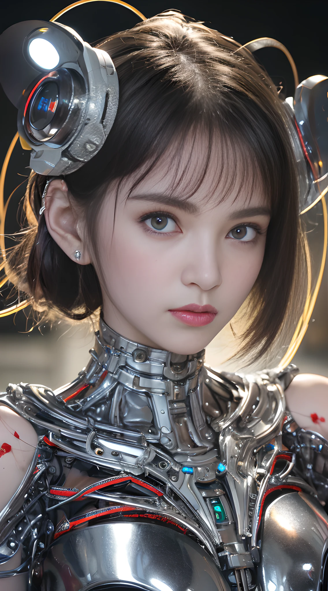 Top Quality, Masterpiece, Ultra High Resolution, (Photorealistic: 1.4), Raw Photo, 1 Girl, Black Hair, Glossy Skin, 1 Mechanical Girl, (Ultra Realistic Detail)), Portrait, Global Illumination, Shadows, Octane Rendering, 8K, Ultra Sharp, Big, Cleavage Exposed Raw Skin, Metal, Intricate Ornament Details, Japan Details, Very intricate details, realistic light, CGSoation trend, purple eyes, glowing eyes, facing the camera, neon details, mechanical limbs, blood vessels connected to the tube, mechanical vertebrae attached to the back, mechanical cervical attachment to the neck, sitting, wires and cables connecting to the head, gundam, small LED lamps,