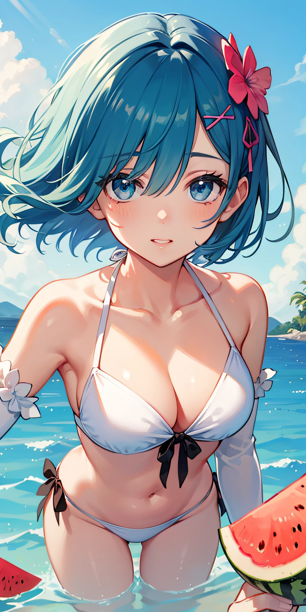 masterpiece, best quality;1.3), ultra detailed, ooking at viewer, rem_re_zero, Facial close-up,blue hair, short hair, hair ornament, cleavage, detached sleeves, masterpiece, top quality, best quality, 1 little girl, swimsuit party, in the water,fish,watermelon,cute style, perfect structure, summer theme,(White yarn bikini:1.2),Hand held ice cream,