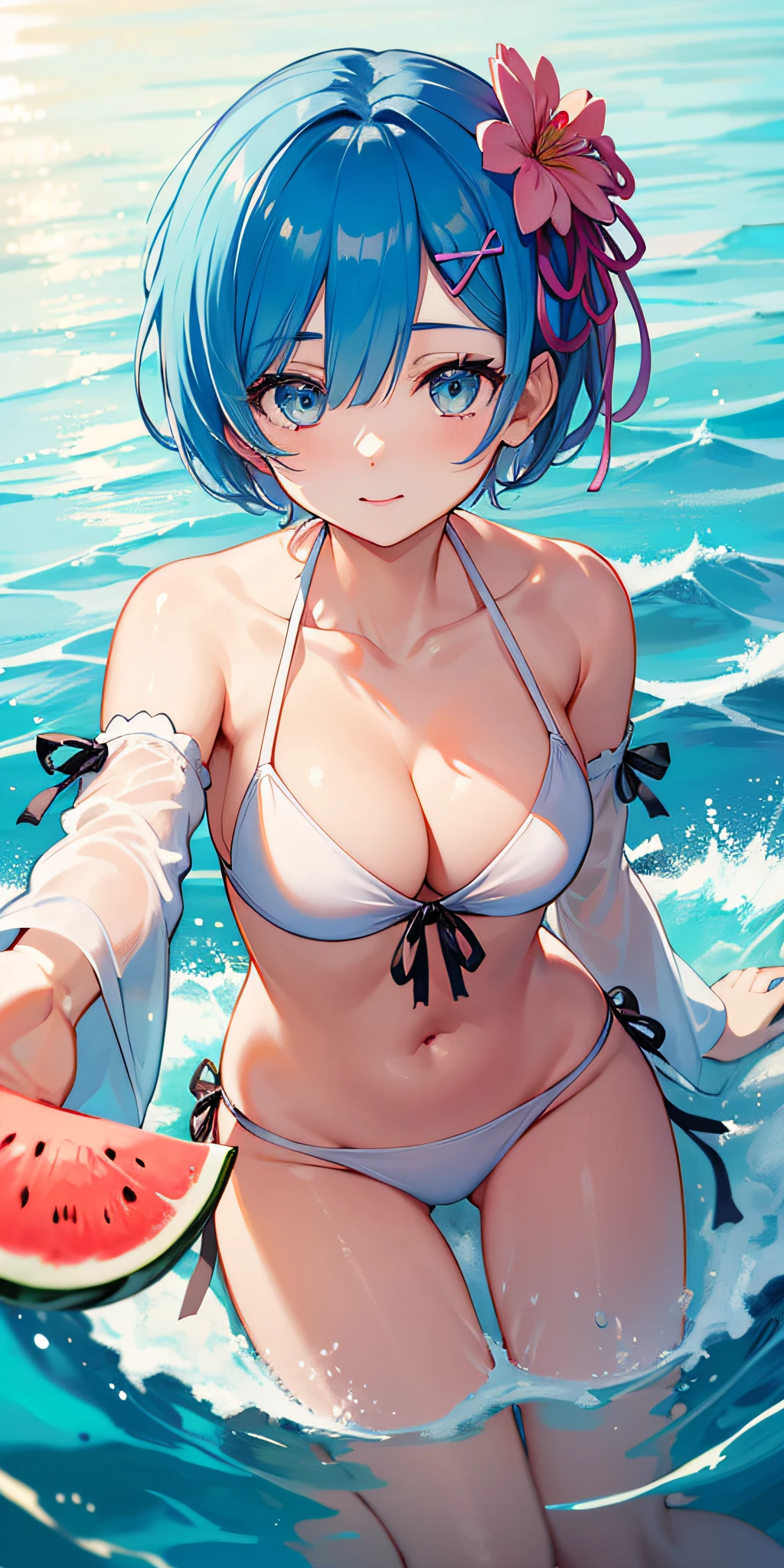 masterpiece, best quality;1.3), ultra detailed, ooking at viewer, rem_re_zero, Facial close-up,blue hair, short hair, hair ornament, cleavage, detached sleeves, masterpiece, top quality, best quality, 1 little girl, swimsuit party, in the water,fish,watermelon,cute style, perfect structure, summer theme，（White yarn bikini：1.2），Hand held ice cream，