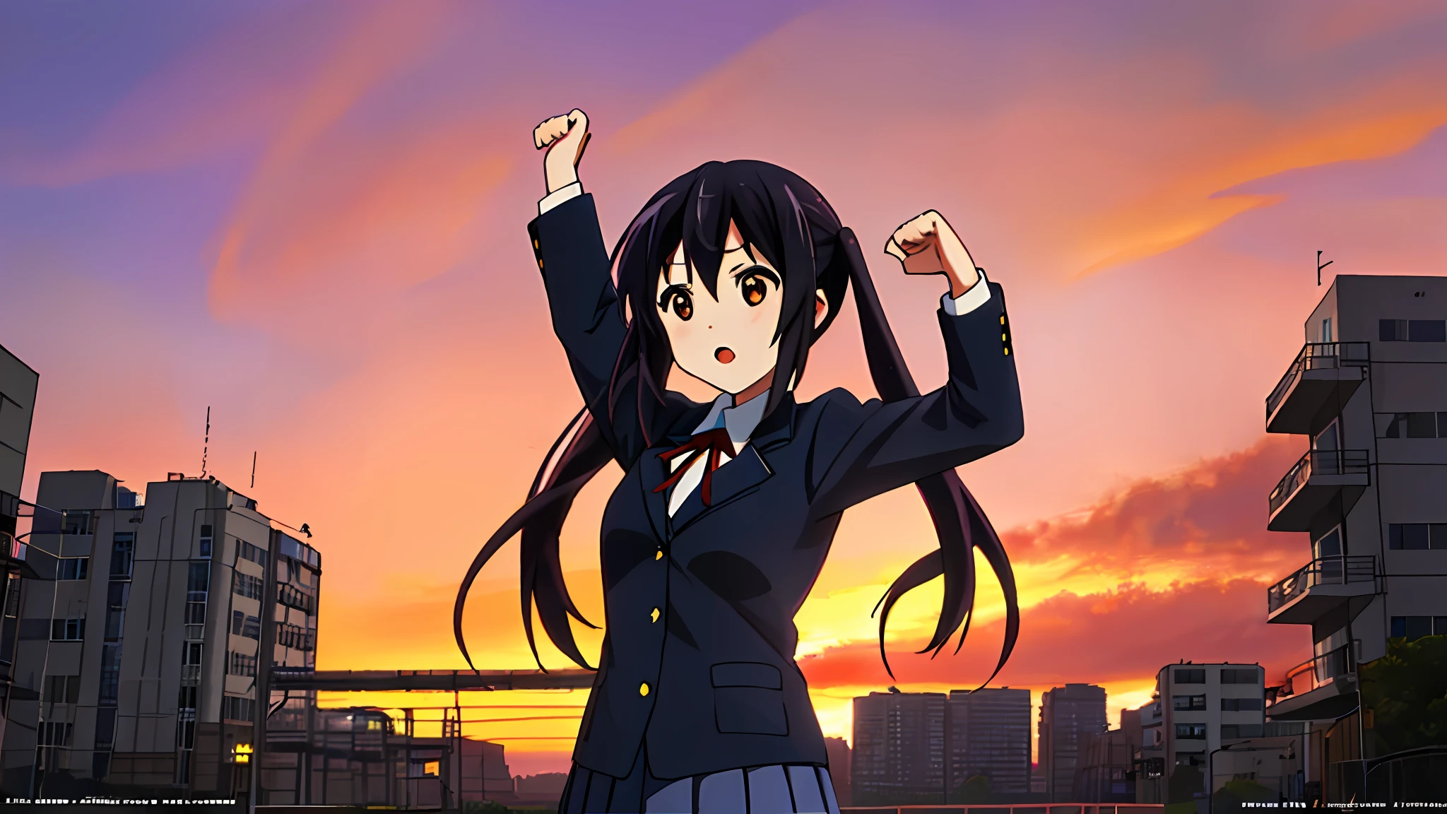 1girl, ((((Masterpiece))), Best Quality, Best Quality, High Detail, Azusa Nakano, 1girl, Sakuragaoka High School Uniform, Musical Instrument, School Uniform, Twin Tails, Long Hair, Black Hair, Brown Eyes, Solo, Red, Dark blue blazer with a thin ribbon of red, Solid white button shirt under blazer, Illustration, Cartoon, Soothing tones, Muted colors, Soft cinematic light, Adobe Lightroom, Photo Lab, HDR, complex and highly detailed, (((depth of field))))). (((Masterpiece))). (((highest quality))).) ((super detail))). (((Illustration))). (((fighting stance))).,((((Gigantic))).dynamic focus. (((skyscrapers))). (((Cityscape))). (((Despair Face))). open mouth. (((Sunset))). (((Sunset))). (((clench fists))). (((Proud))). (((small breasts))). (((Raise arms))). (((One arm is bent))).