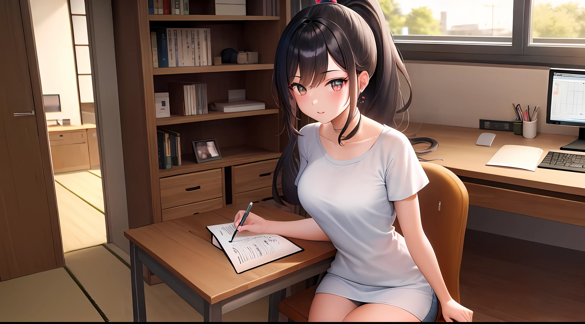 masterpiece, best quality, high resolution, one girl, loose t-shirt, girl sitting on chair and studying drafting at desk,, study seriously, study hard, drafting, beauty, cute, Japan idol, paperwork, architect, pretty hair, high ponytail