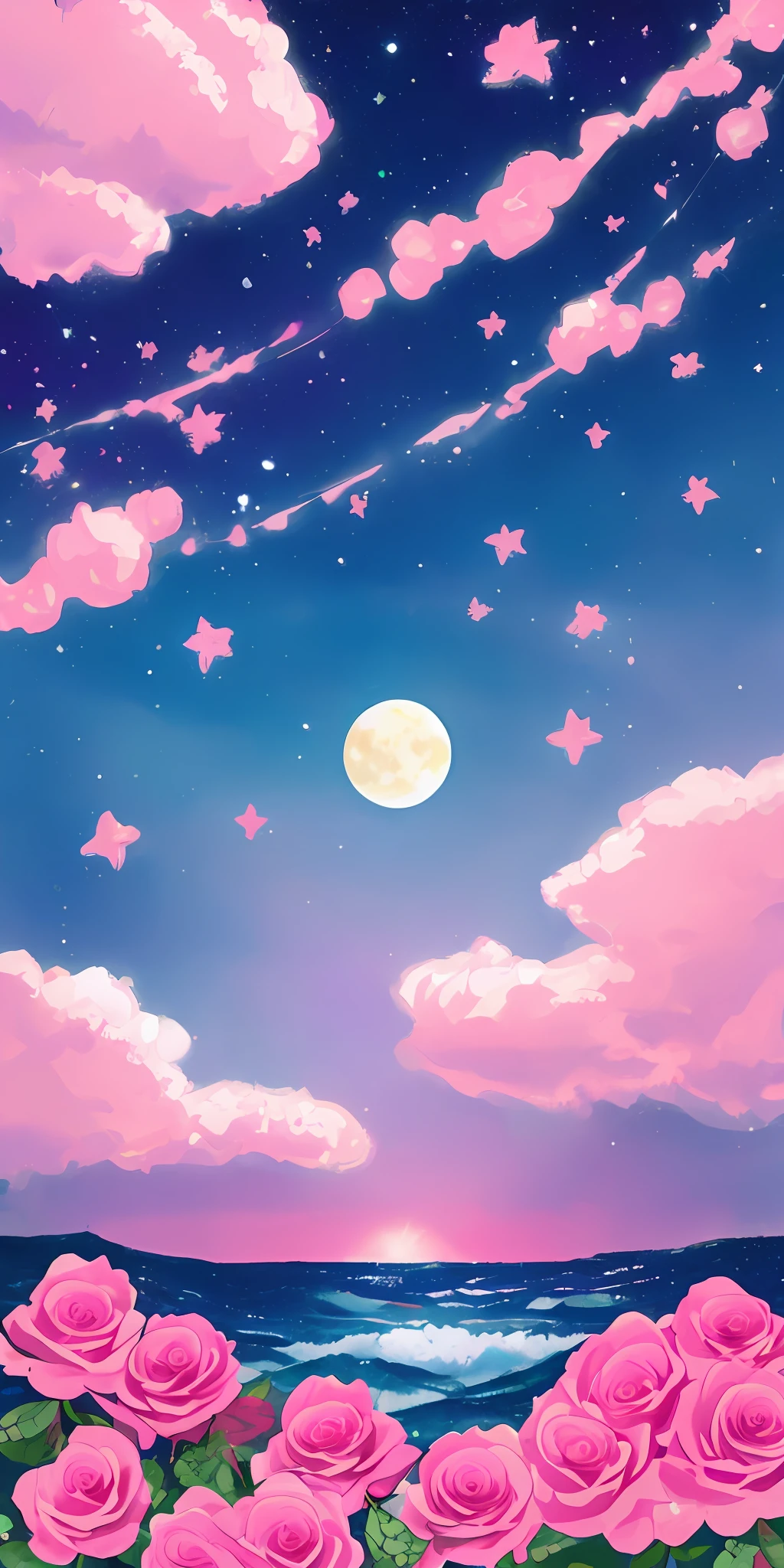 pink moon, pink sky, soft pink clouds, pink sea waves sparkling, shimmering, pink roses in pink sea, fantasy, diamonds, crown, space, soft light,