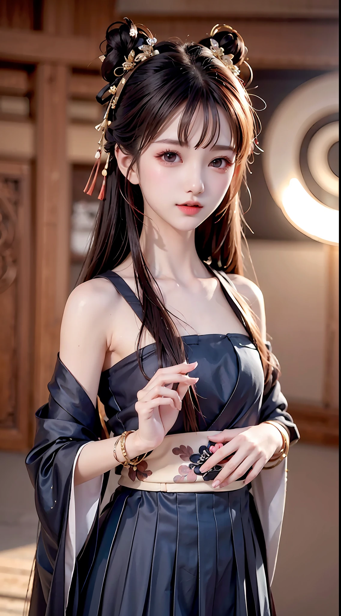 JK girl, girl wearing Japanese girls' school uniform, 8K, very high image quality, film texture, realistic, eating Japanese food, Japanese background, depth of field, tatami room, warm lighting, bow on chest, bangs, long hair over the shoulder, (playful eyes), double eyelids, deepening of the tail of the eyes, lying silkworm, bracelet on the wrist, scarlet lips, sparkling lips with texture, fine skin texture, brown sparkling pupils, (((eyes looking at the camera)))), slender fingers, ((round face)), ( ((small lips)))), black Hanfu