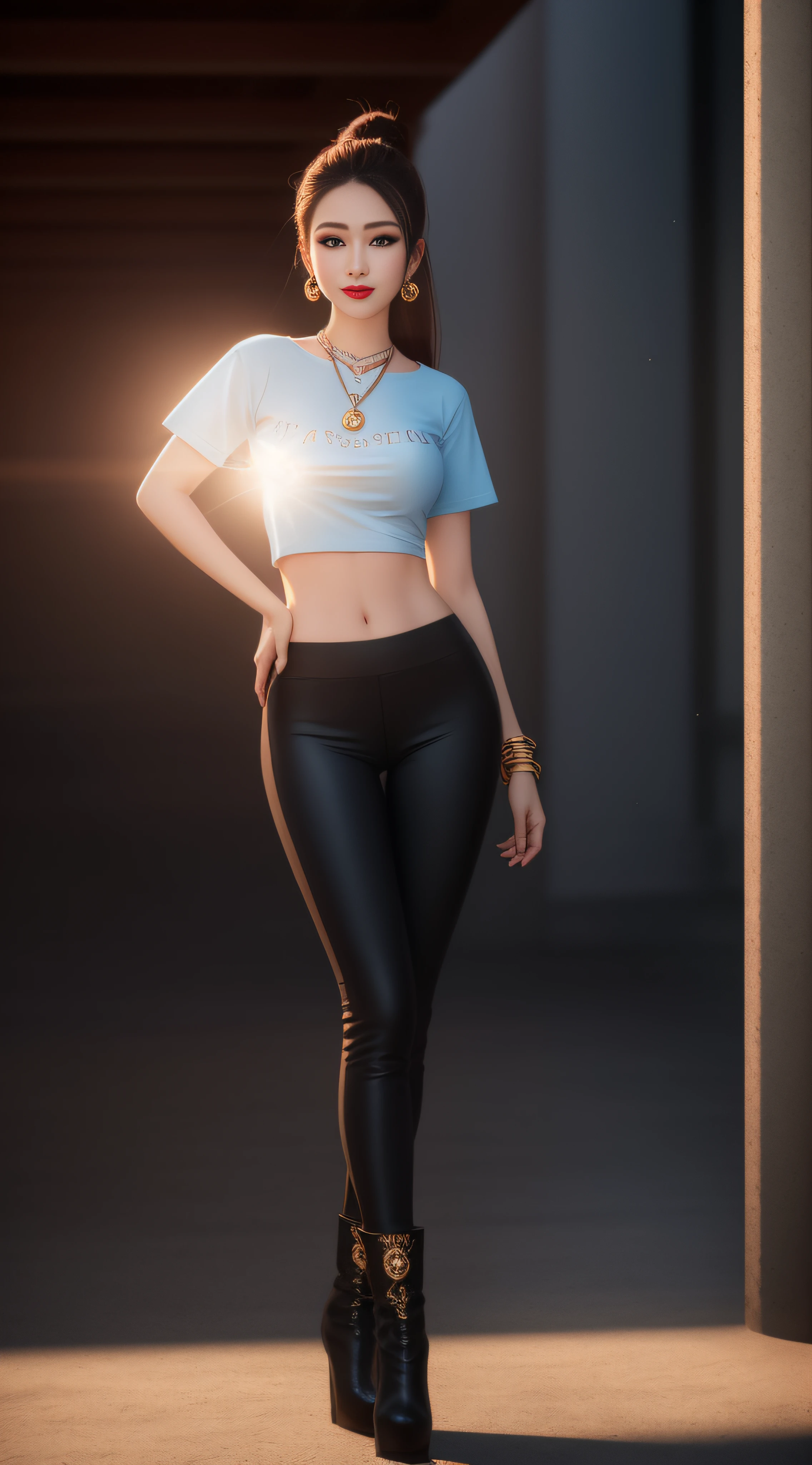 (Same character, front), {full body shot}, solo, ((best quality)), ((masterpiece)), 8K wallpaper, RAW photo, ((super high resolution)), (intricate detail), (soft lighting), film, dramatic, composition, clear sky, fauvism, surreal, epic, awe, crazy level of detail, a 25-year-old woman, (beautiful body), perfect face with details, soft lips, pink lipstick, beautiful blue eyes, super detailed face, Detailed eyes, detailed hand and finger features, optimal proportions of four fingers and one thumb, (highly detailed skin: 1.2), normal breasts, sexy long legs, perfect figure, golden ratio, wide shoulders, thin waist, black hair, ponytail, beautiful eyes, long eyelashes, tight t-shirt, leggings, high heeled boots, 35mm, sharp, surreal, necklace, (detailed ornaments), earrings, bracelets, rings, smile, blush, facing the audience, looking at the audience, from the front, lens flare, shadow, shunguang, Depth of field, natural lighting, outdoor background, full body