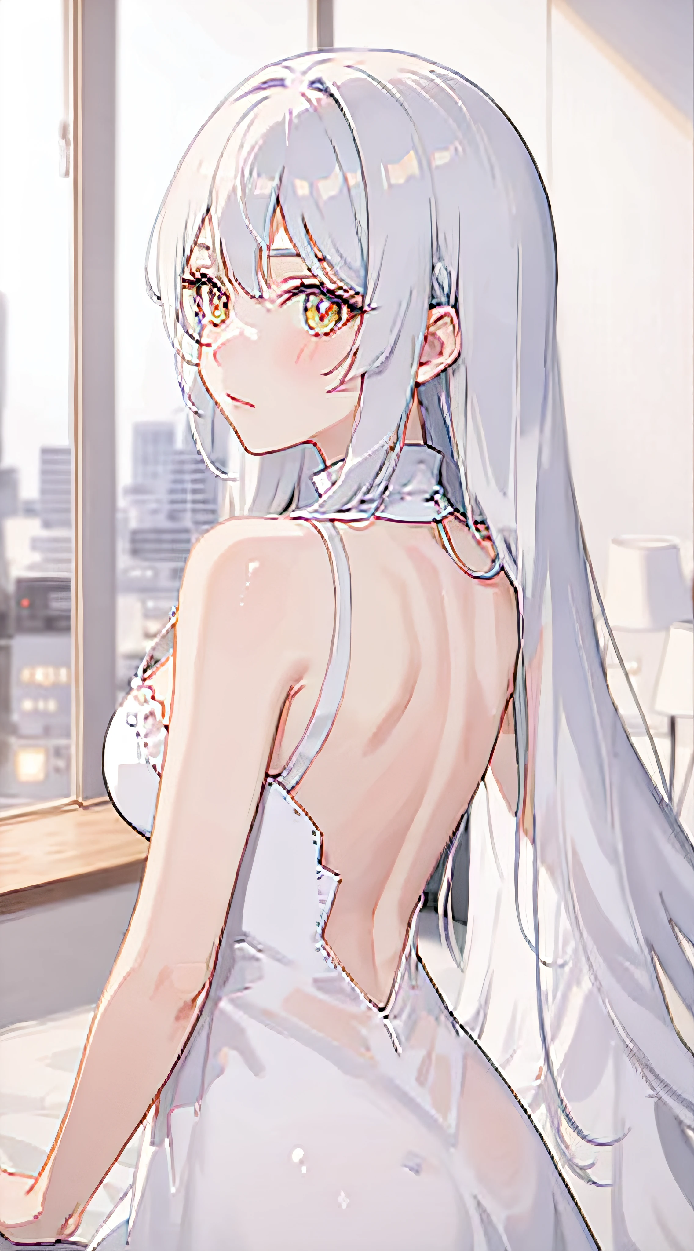 Anime girl looking out the window in bedroom at night, silver hair (long straight hair), 金色瞳孔，white hair god, white hair, back ground, ArtStation Pixiv trend, seductive anime girl, perfect white hair girl,  in dress, [ 4 k digital art ]!, silver hair, white dress!! Silver-haired, silver-haired girl, from the Girls Front