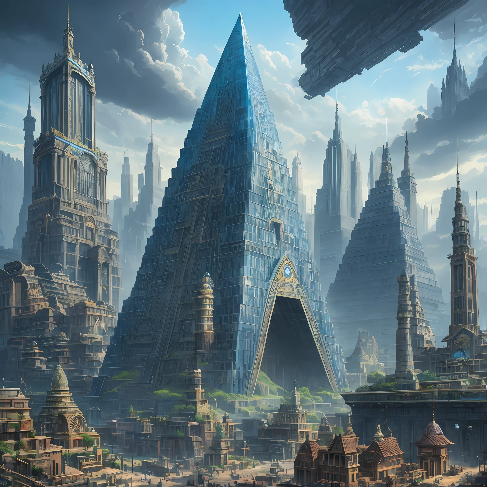 there is a very tall building with a blue roof in the middle of a city, ancient megastructure pyramid, by Kerembeyit, huge futuristic temple city, by Dan Christensen, symmetrical epic fantasy art, inspired by Marc Simonetti, by Alexander Kucharsky, fantasy architecture, stylized urban fantasy artwork, ancient sci - fi city, ancient yet futuristic