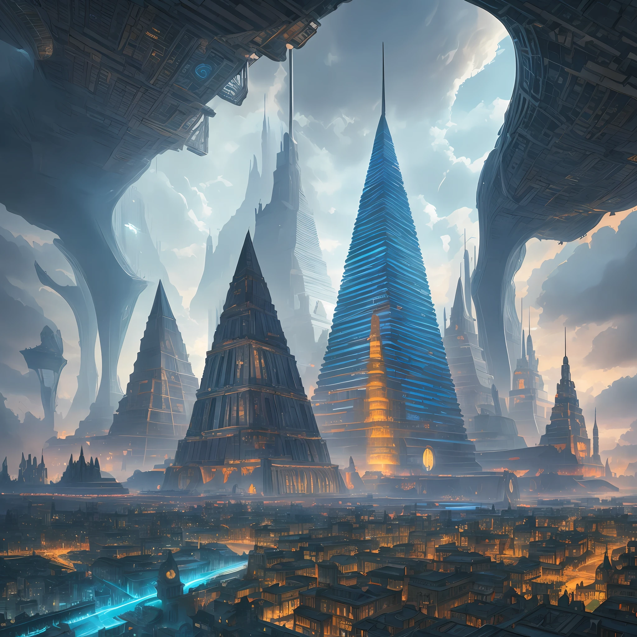 there is a very tall building with a blue roof in the middle of a city, ancient megastructure pyramid, by Kerembeyit, huge futuristic temple city, by Dan Christensen, symmetrical epic fantasy art, inspired by Marc Simonetti, by Alexander Kucharsky, fantasy architecture, stylized urban fantasy artwork, ancient sci - fi city, ancient yet futuristic