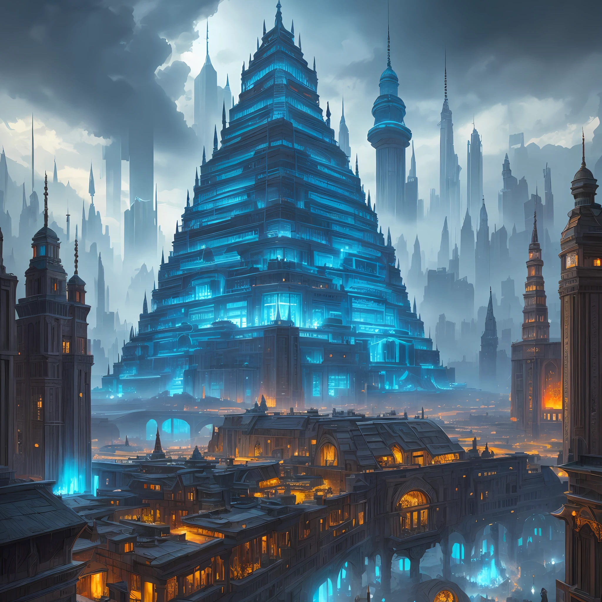 there is a very tall building with a blue roof in the middle of a city, ancient megastructure pyramid, by Kerembeyit, huge futuristic temple city, by Dan Christensen, symmetrical epic fantasy art, inspired by Marc Simonetti, by Alexander Kucharsky, fantasy architecture, stylized urban fantasy artwork, ancient sci - fi city, ancient yet futuristic