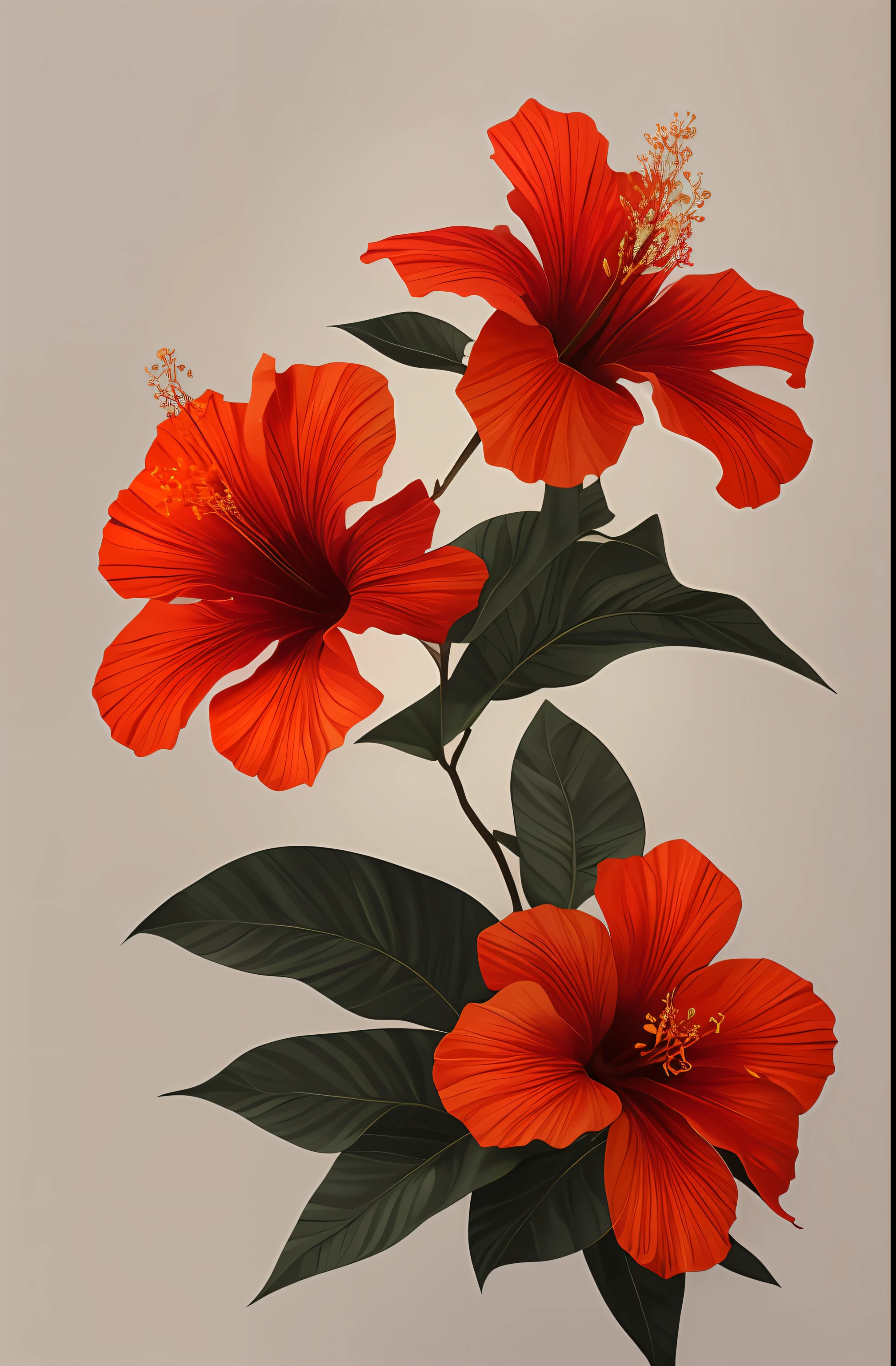 there are two orange flowers on a branch with green leaves, on a gray background, blooming tropical flowers, beautiful tropical flowers, hibiscus flowers, flower, large exotic flowers, hibiscus, tropical flowers, tropic plants and flowers, red blooming flowers, flowers and foliage, tropical flower plants, with colored flowers, photorealistic illustration, decorative flowers, beautiful flower, vibrant red hibiscus