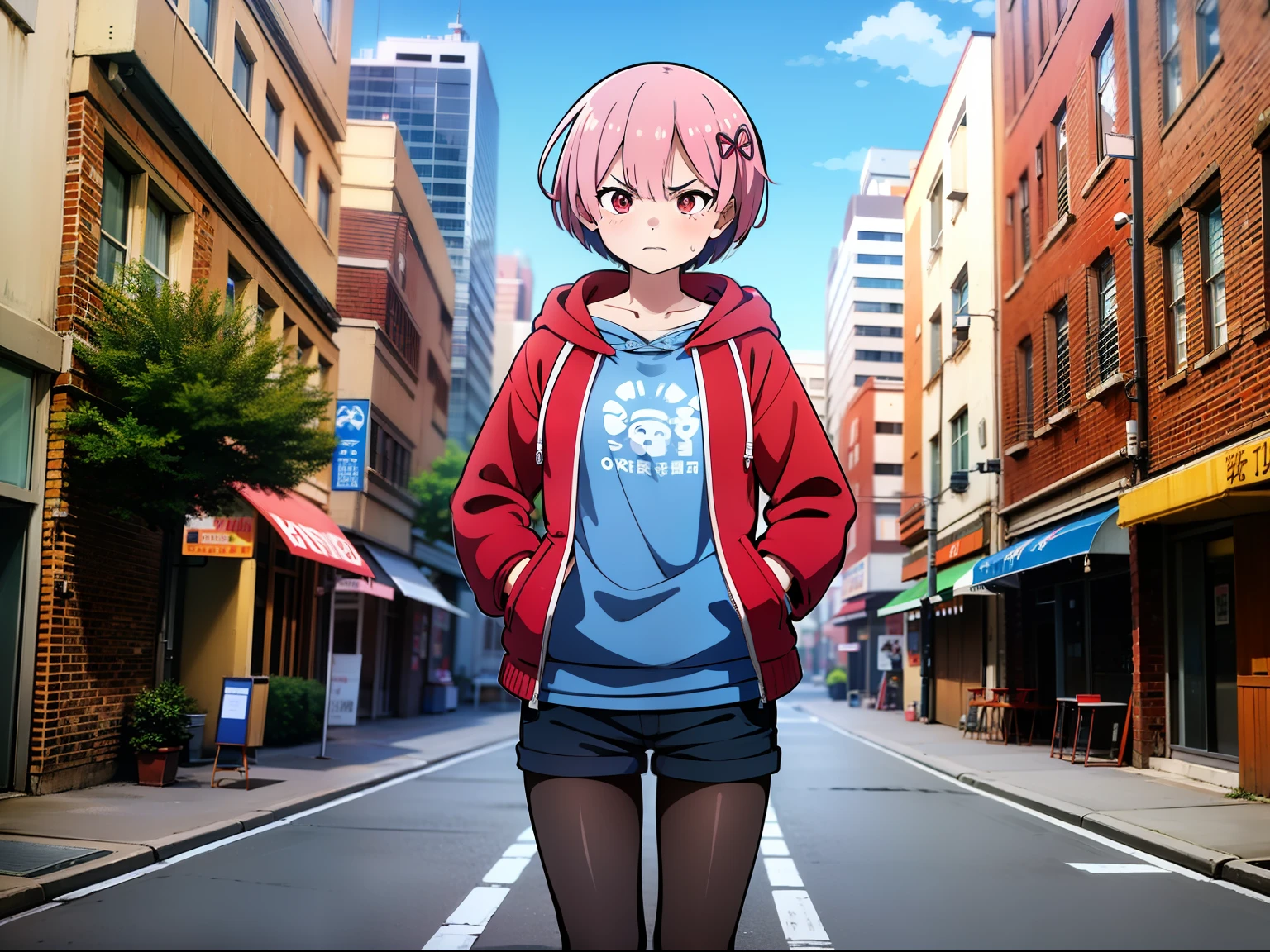 masterpiece, rem rezero, pink hair, red eyes, detailed eyes, angry face, red jacket hoodie, blue shirt, dark shorts, pantyhose, casual oufit, middle of the street, legs apart, arms at sides, wind for clothes and hair,