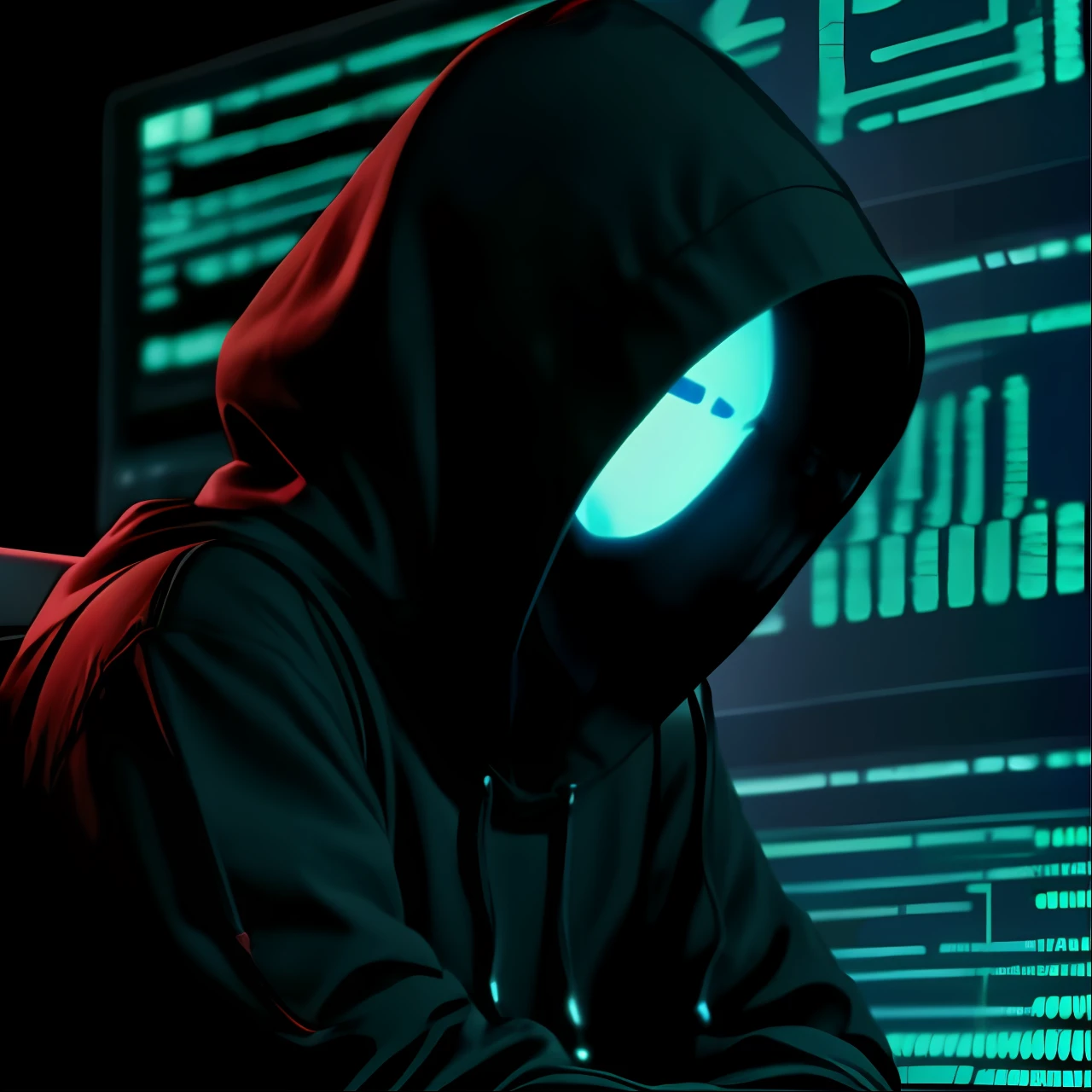 a close up of a person in a hoodie using a laptop, hacker, cyberpunk hacker, cyber style, cyber noir, hacking, cyber aesthetic, cyber wear, avatar image, cyberpunk))), cyberface, with no face, black cyberlox, no face, cyber background, dark visor covering face, anonymous, cyber songman, beaten tech. neo noir style