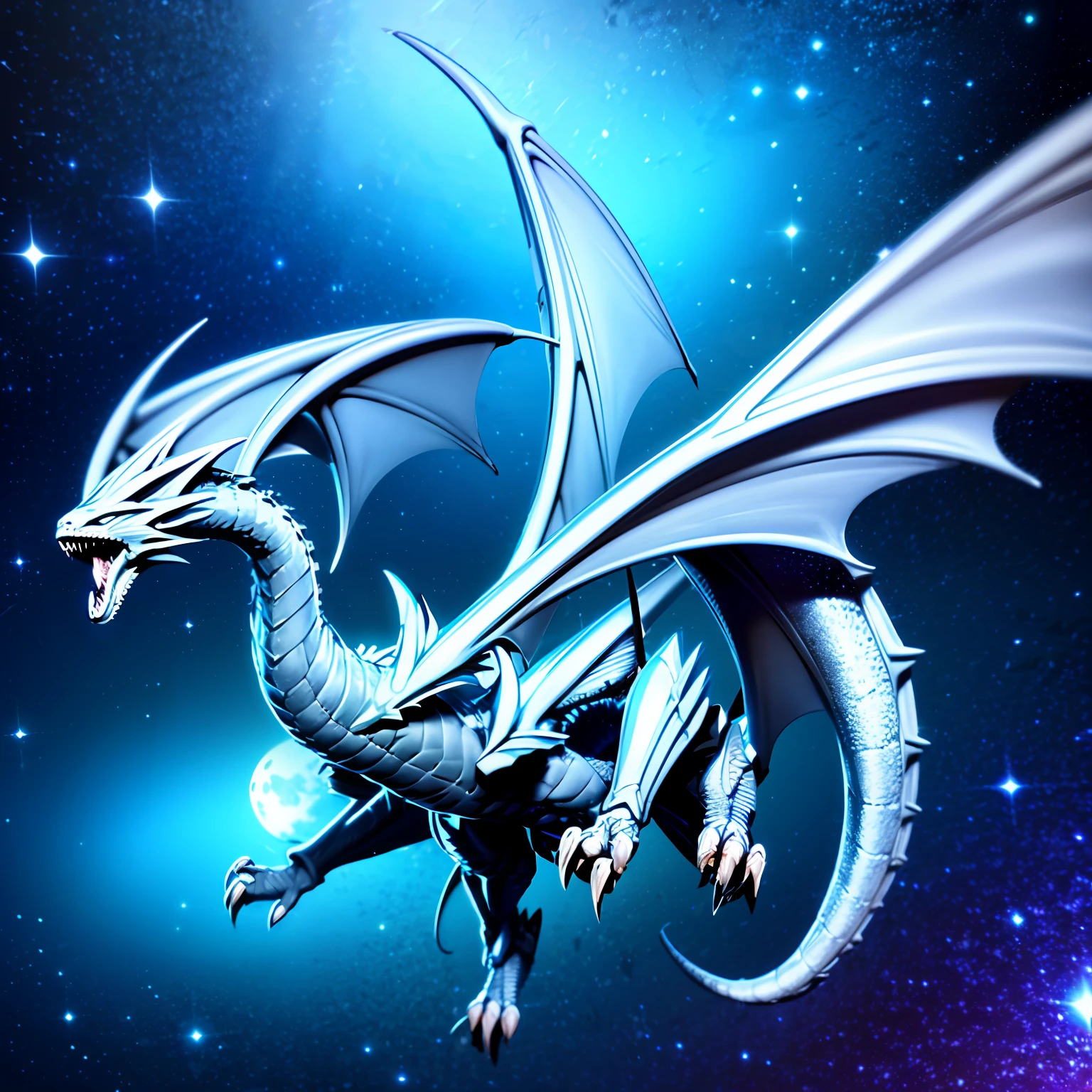 Sky dragon, dragon, green-eyed white dragon, flying in the night sky, dragging a long tail, with a pair of wings, best quality, super detailed, 8k