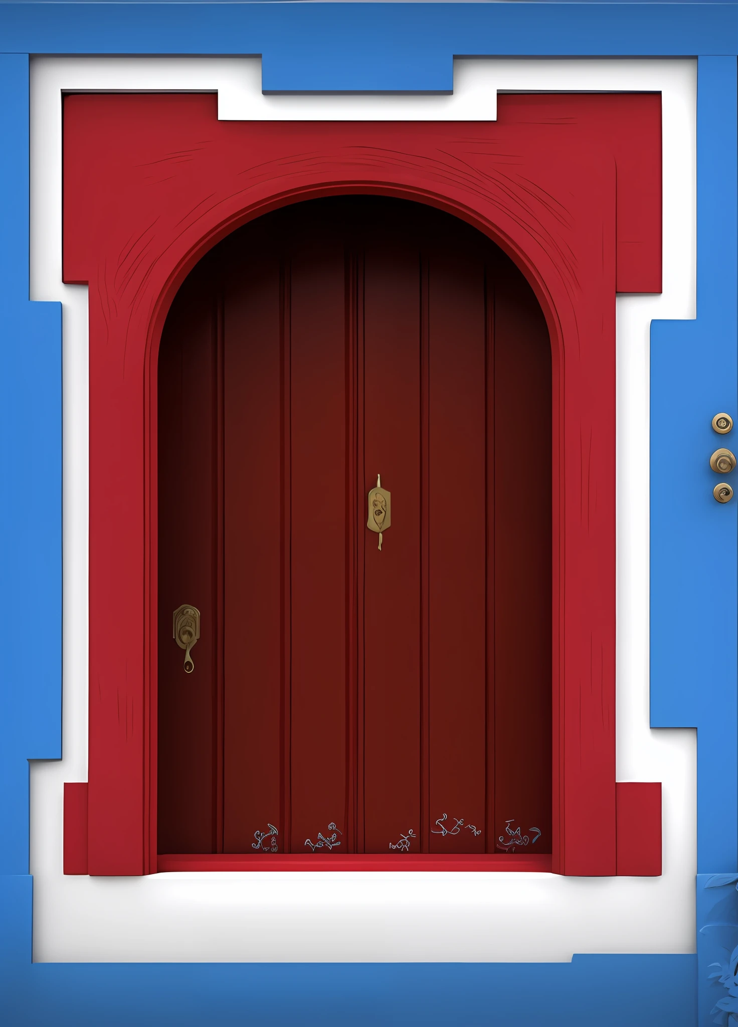 painting of a red door with a blue frame and a white border, doorway, symmetrical doorway, brown red blue, door, tall door, prussian blue and venetian red, magic doorway, red brown and blue color scheme, blue door, arched doorway, doors of perception, doorways, indigo and venetian red, doors, indigo! and venetian red!