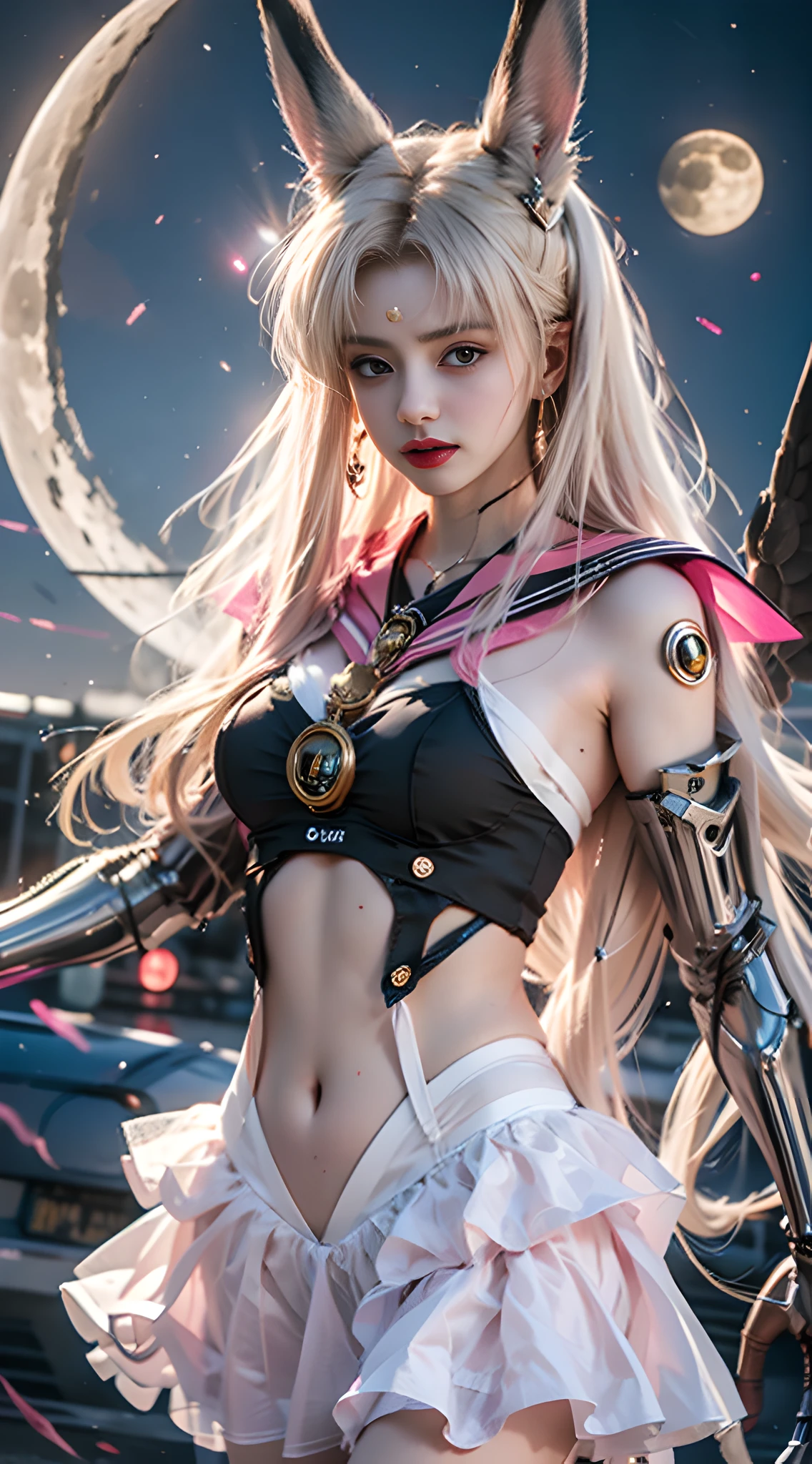 1 mechanical girl: 1.4, Sailor Moon, white mechanical arm, humanoid body, pink sailor suit, good-looking face, sailor Moon, wings, moon hare, rabbit ears, mechanical ears, white top, blonde hair, mechanical arm, pink skirt, side, halo, sci-fi background, hair glowing hair, forehead hair light, moon, panorama, archery, wings on the background