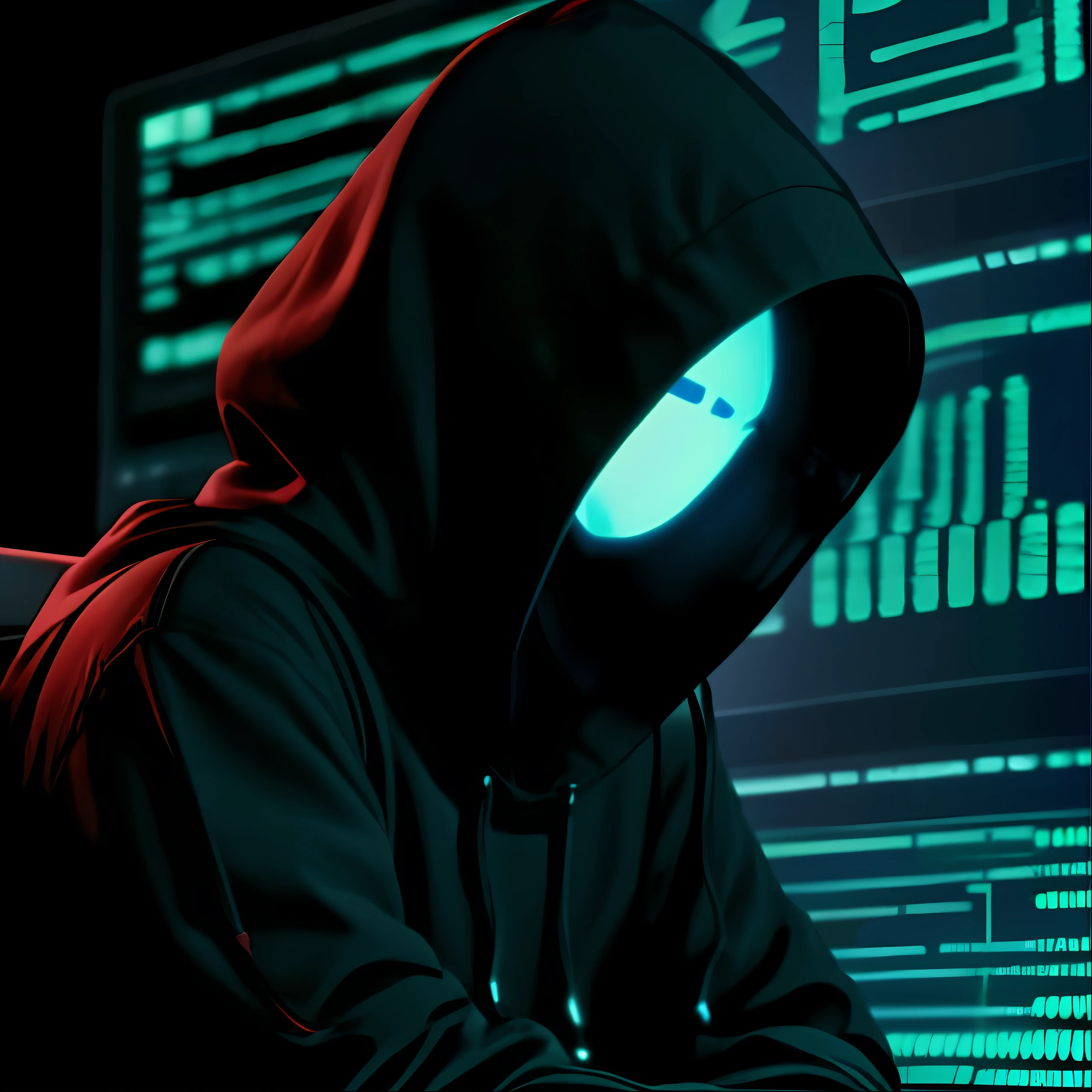 a close up of a person in a hoodie using a laptop, hacker, cyberpunk hacker, cyber style, cyber noir, hacking, cyber aesthetic, cyber wear, avatar image, cyberpunk))), cyberface, with no face, black cyberlox, no face, cyber background, dark visor covering face, anonymous, cyber songman, beaten tech. neo noir style