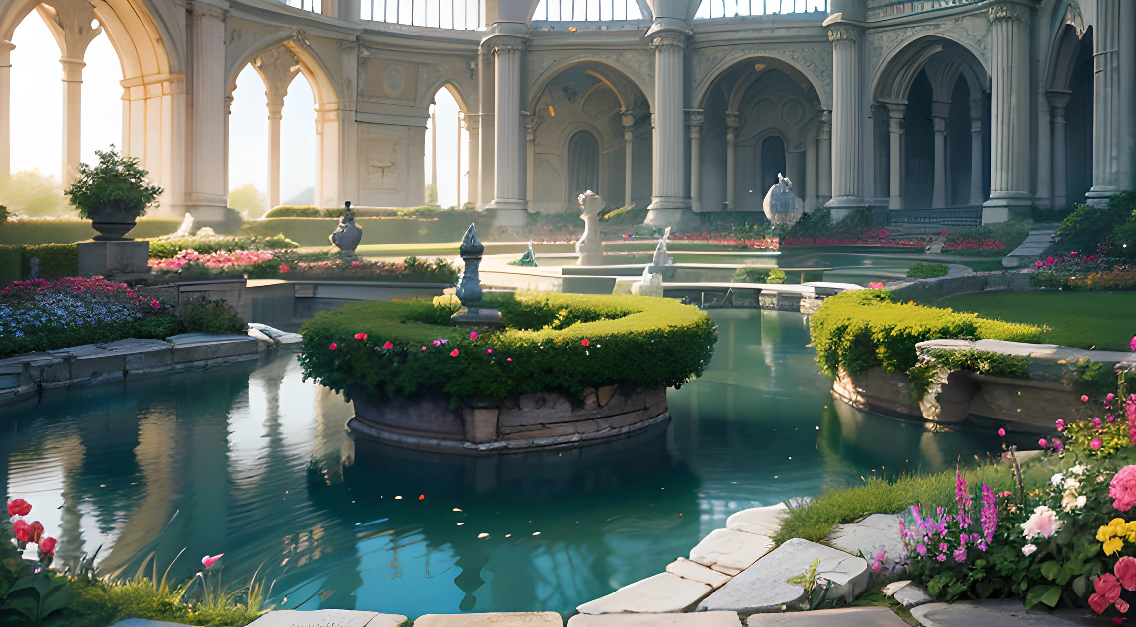 beautiful concept art of gemstone garden with pond and ruined palace in utopia, colorful flowers, sunray, fantastic, reflection, artstation, wide angle, cinematic, ray tracing, global illumination, sharp focus, intricate, highly detailed, micro detailed