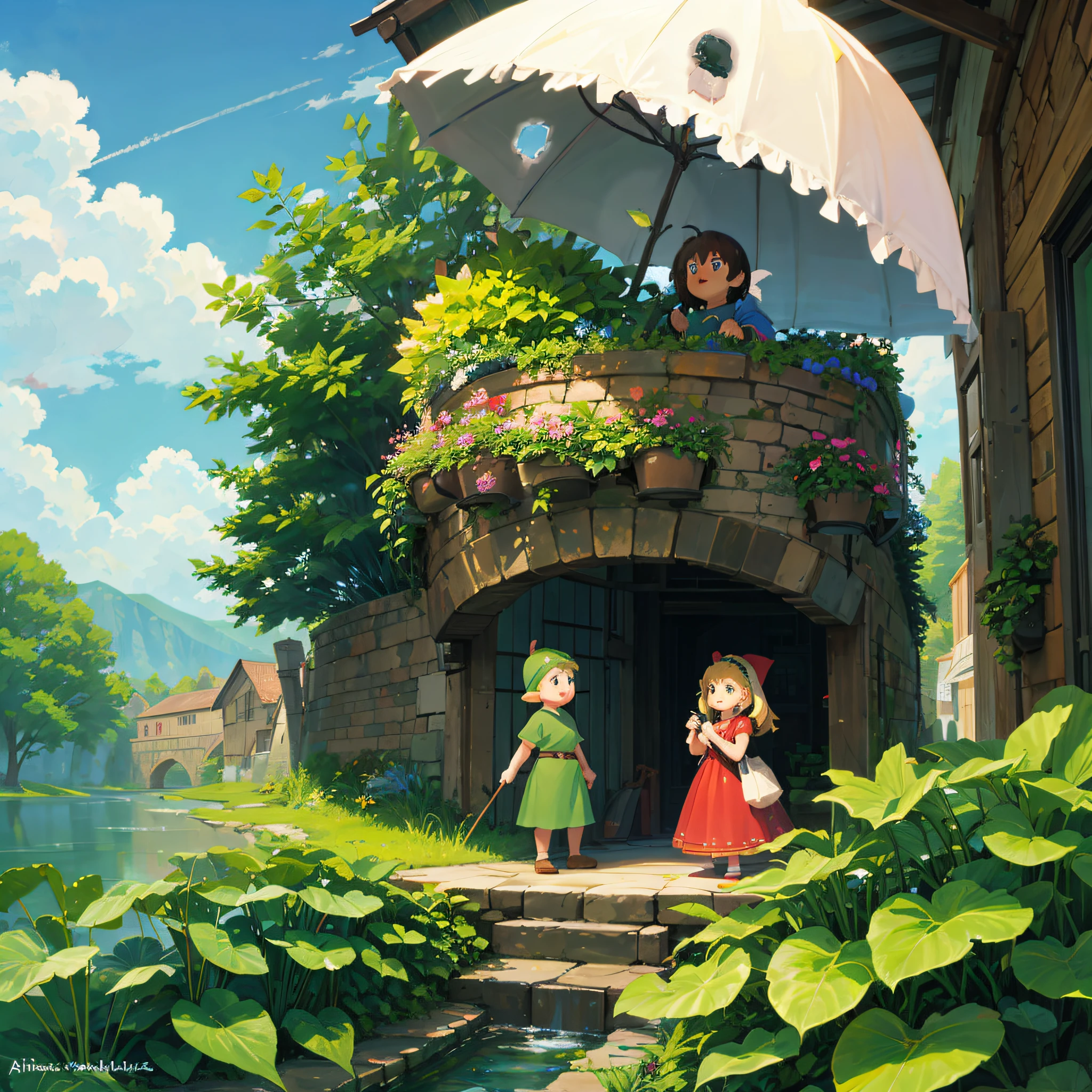 anime scene of two little girls standing on a balcony with an umbrella, ghibli studio art, studio ghibli artstyle, ghibli studio anime style, ghibli artstyle, studio ghibli art style, ghibli art style, ghibli studio style, studio ghibli sunlight, studio ghibli art, greg rutkowski studio ghibli, studio ghibli illustration, studio ghibli painterly style, studio ghibli scheme