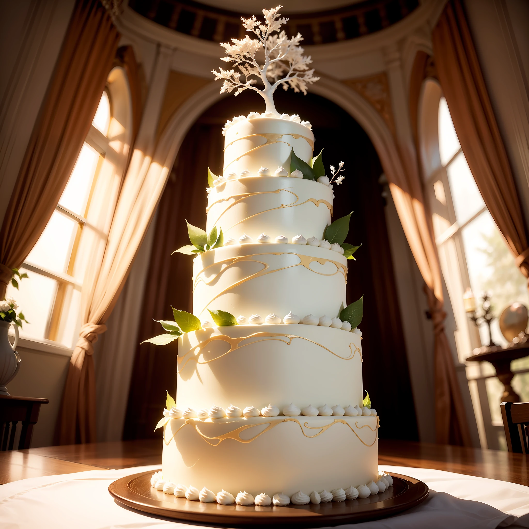 a white cake with 2 floors. On top of the cake, I would like to have white tree leaf ornaments with pearls placed on top of the leaves, to add an elegant touch. --auto
