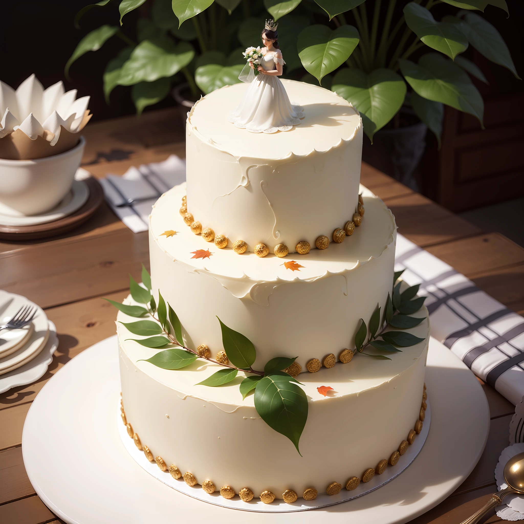 a white cake with 2 floors. On top of the cake, I would like to have white tree leaf ornaments with pearls placed on top of the leaves, to add an elegant touch. --auto