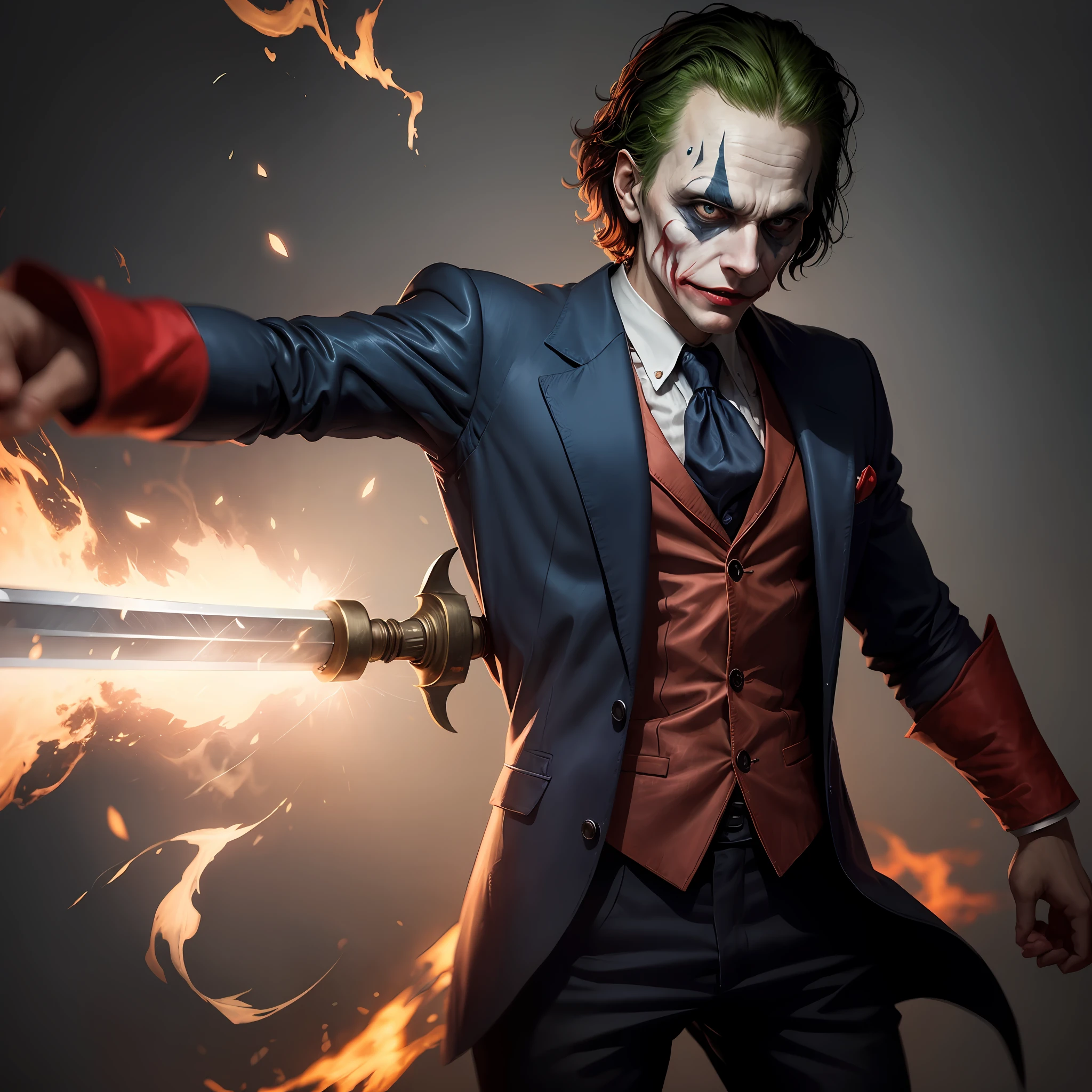 Realistic photo, a man with the joker's face with wings made of energy and a sword steaming --auto