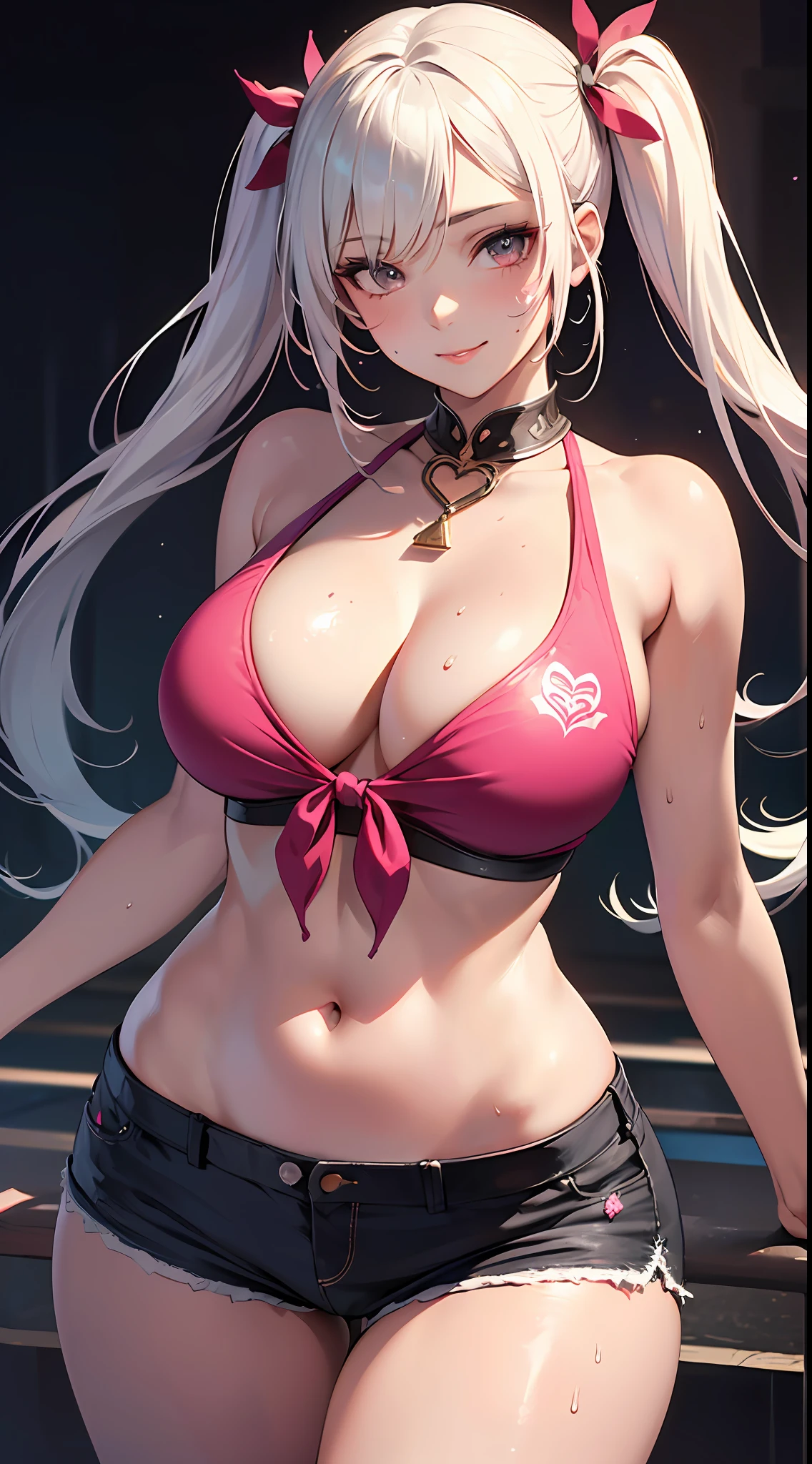 ((Best quality)), ((masterpiece)), (detailed: 1.4), beautiful woman, short shirt tied, short shorts, white hair locks Pink twin tails, lotus, heart, neckline, sweaty, wide hips, defined body, body shine, sensual smile, men around, ink, (solo), realistic,((masterpiece)), (best quality), (detailed), (1 girl), large breasts, sexy, thicc