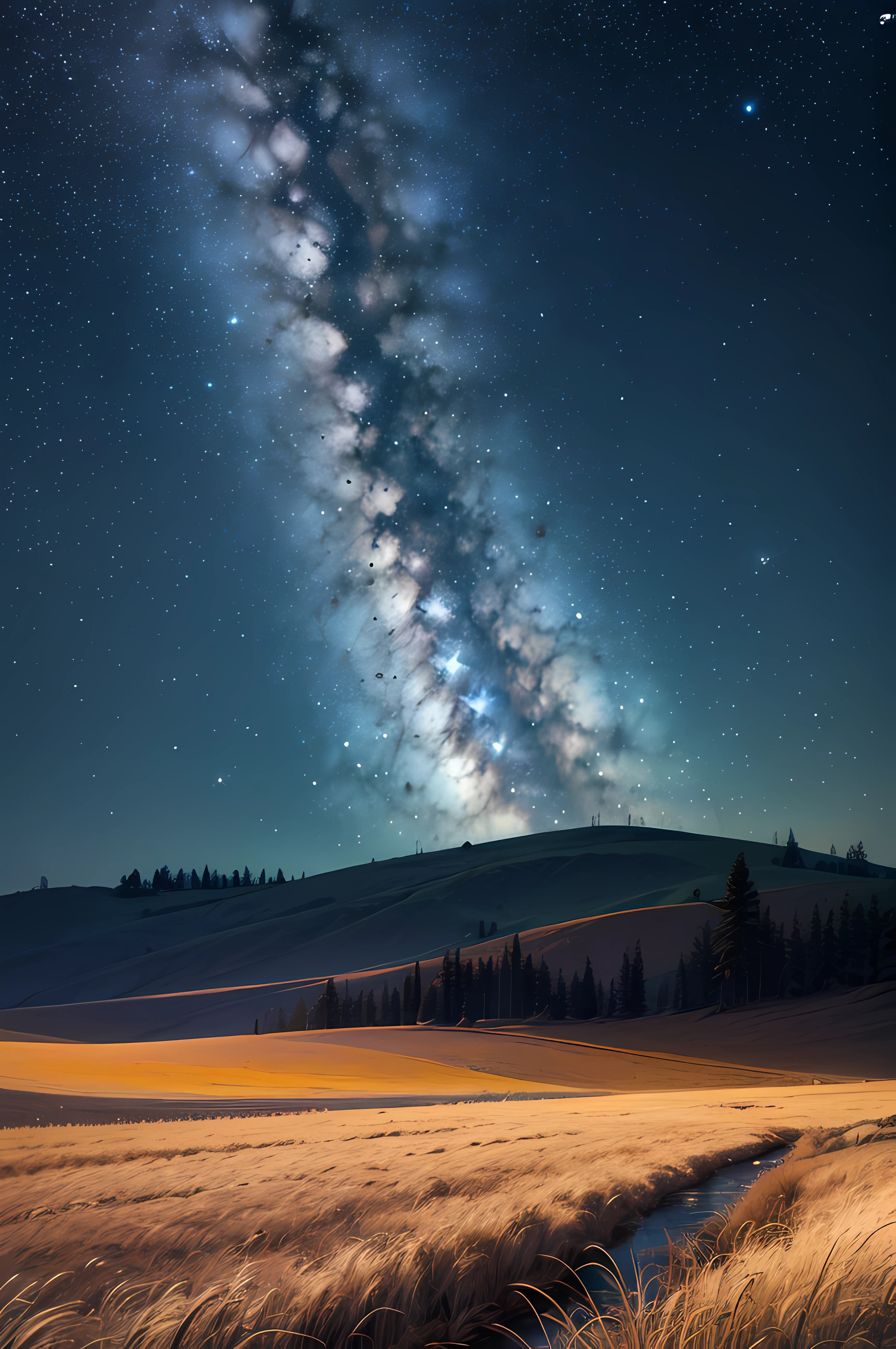 water, nighttime, wonderful starry sky, yellowed grass plains, best reflections, epic composition, realistic lighting, HD details, (very detailed CG unified 8k wallpaper), wide shot, masterpiece, best quality