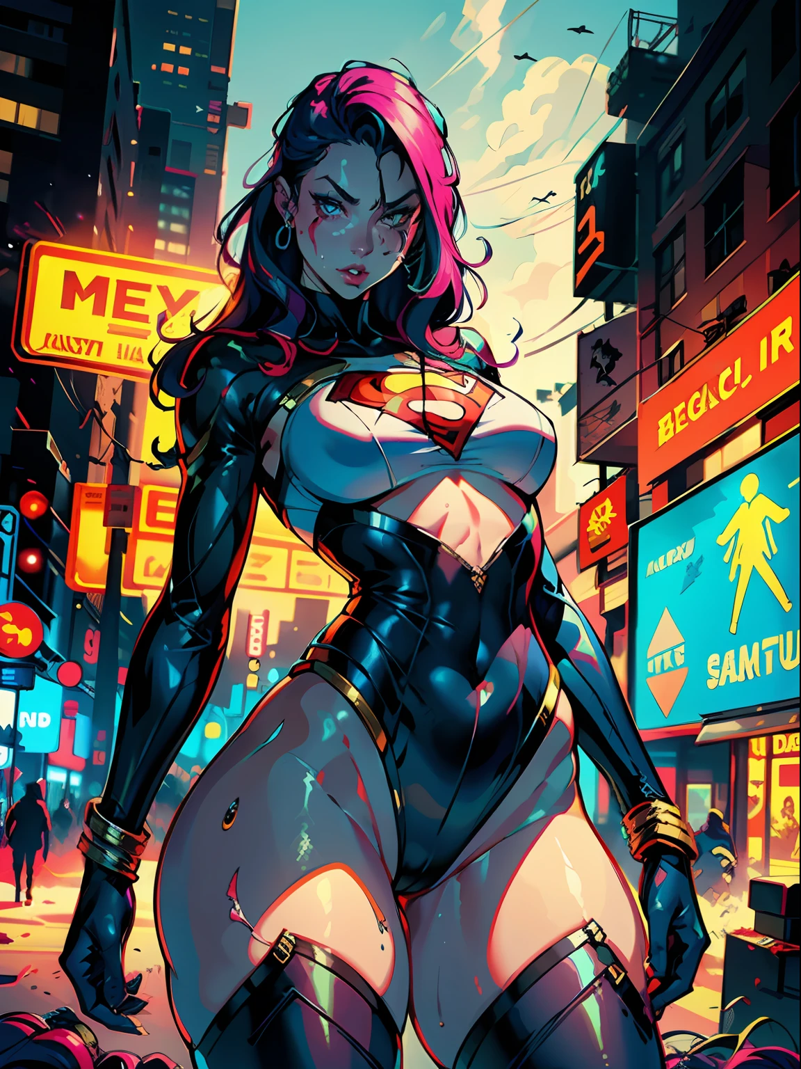 a digital painting of supergirl merging with venom, long hair, cyberpunk art by Josan Gonzalez, winner of the behance contest, afrofuturism, synthwave, neon, shiny neon, thick thighs, thin waist, sensual, nsfw, little clothing, erotic art, anime, torn battle clothes, extremely sexualized, sweaty body, NSFW, big breasts, big ass, HD, 8k, High quality, details, perfect body,  Highlight the body, detail on the perfect face, detail on the backdrop, blood on the body