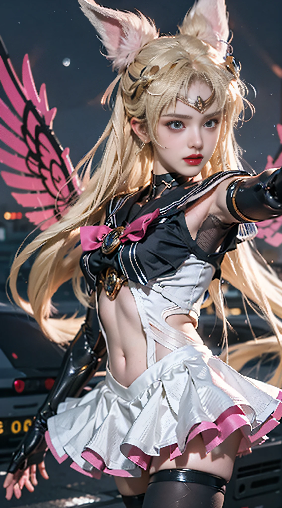 1 mechanical girl: 1.4, Sailor Moon, white mechanical arm, humanoid body, pink sailor suit, good-looking face, sailor Moon, wings, moon hare, rabbit ears, mechanical ears, white top, blonde hair, mechanical arm, pink skirt, side, halo, sci-fi background, hair glowing hair, forehead hair light, moon, panorama, archery, wings on the background