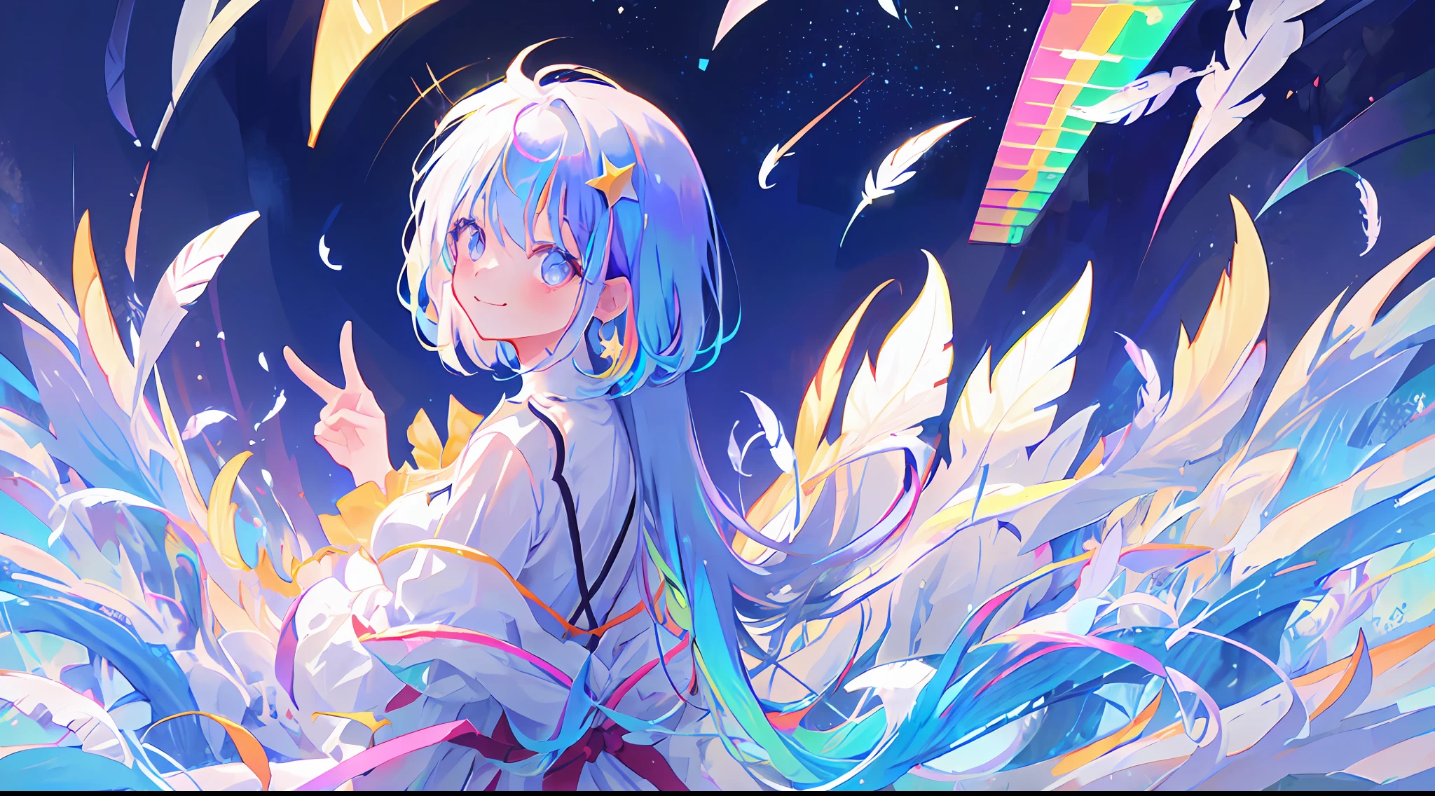 1girl, angle from the side, white hair (rainbow hair tips), face up, hair fluttering back, smile, happiness, white dress, iridescent eyes, transparent beautiful woman, transparent god, universe, peace sign, white feathers, iridescent pattern, dawn, mysterious, divine, comet, meteor shower, stars