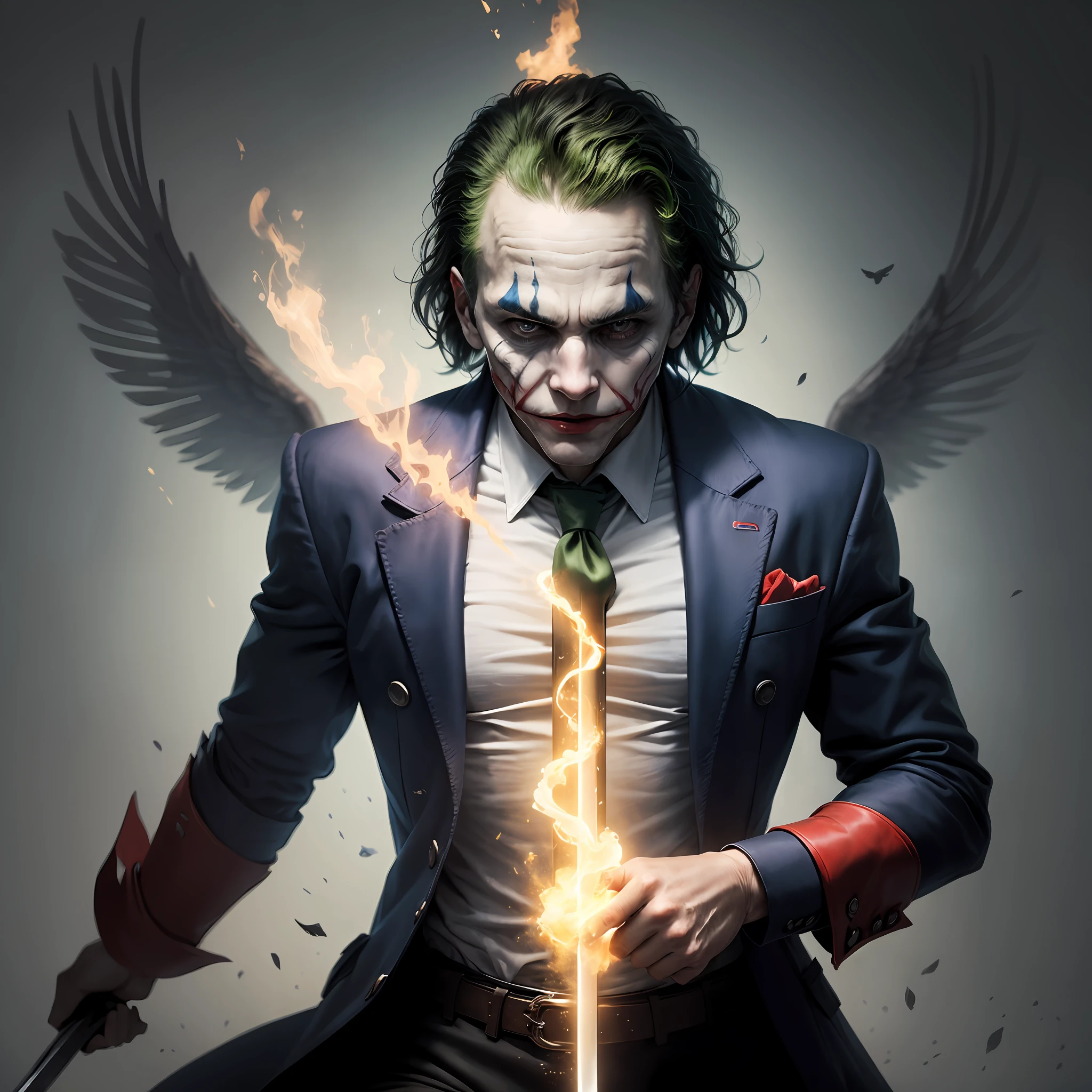 Realistic photo, a man with the joker's face with wings made of energy and a sword steaming --auto