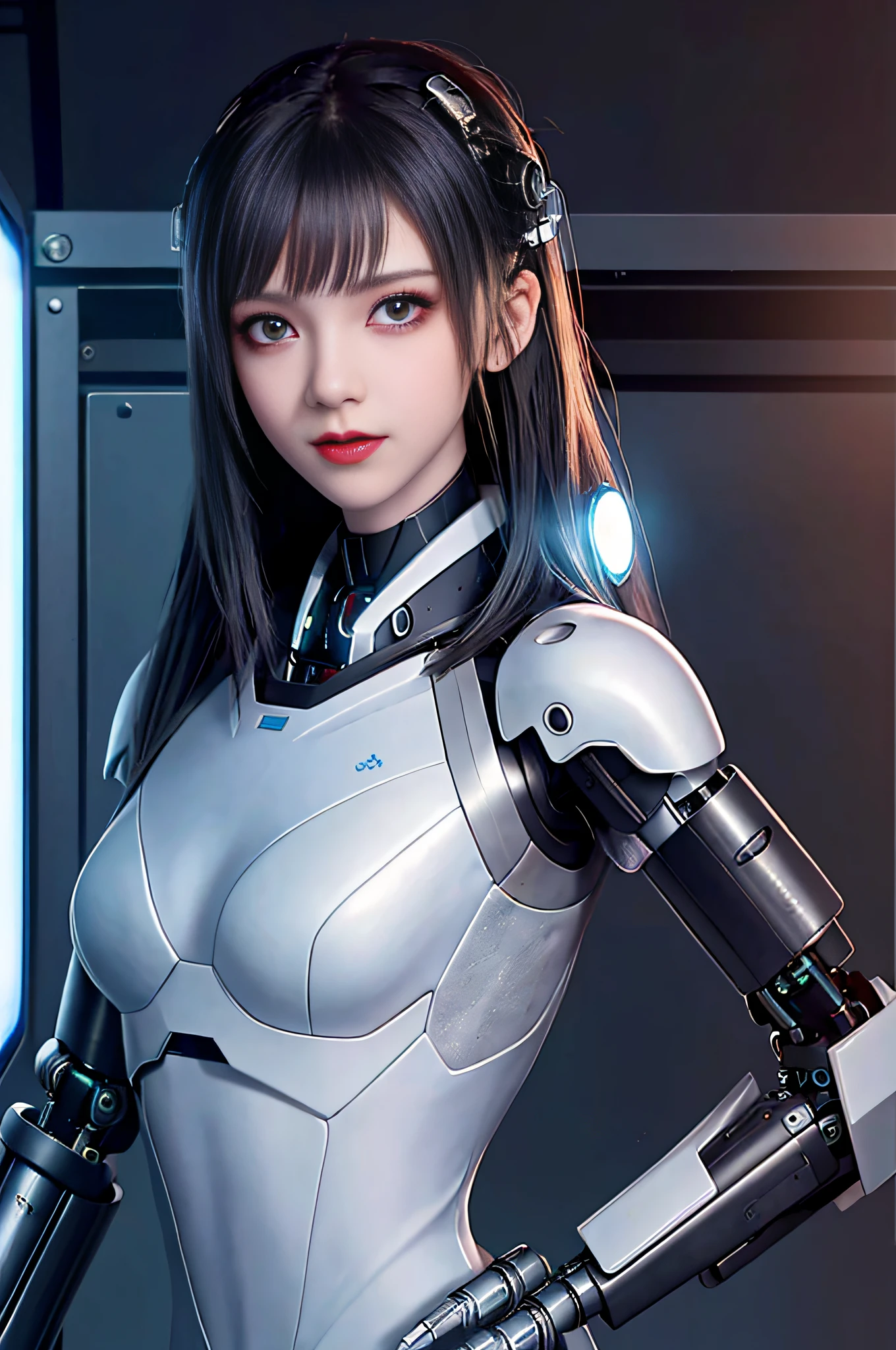 Dystopian, [sci-fi], High Detail RAW color Photo, Full Shot, of (cute female arterial intelligence, cybernetic enhancements), indoors, standing, (inside cryogenic chamber, in advanced cyberpunk research facility), toned physique, (small perky breasts, normal, large ass, (pale skin), (cybernetic implants:1.2), (augmentations), (cyborg:1.1), (detailed skin, diffused skin pores), silicone, metal, (highly detailed, fine details, intricate), (lens flare:0.4), (bloom:0.4), diffused soft lighting, raytracing, shallow depth of field, (Oliver Wetter), photographed on a Canon EOS 5D, 90mm micro lens, f/8, sharp focus, smooth, cinematic film still from Blade Runner 2049, [Cyberpunk:Dieselpunk:0.25]