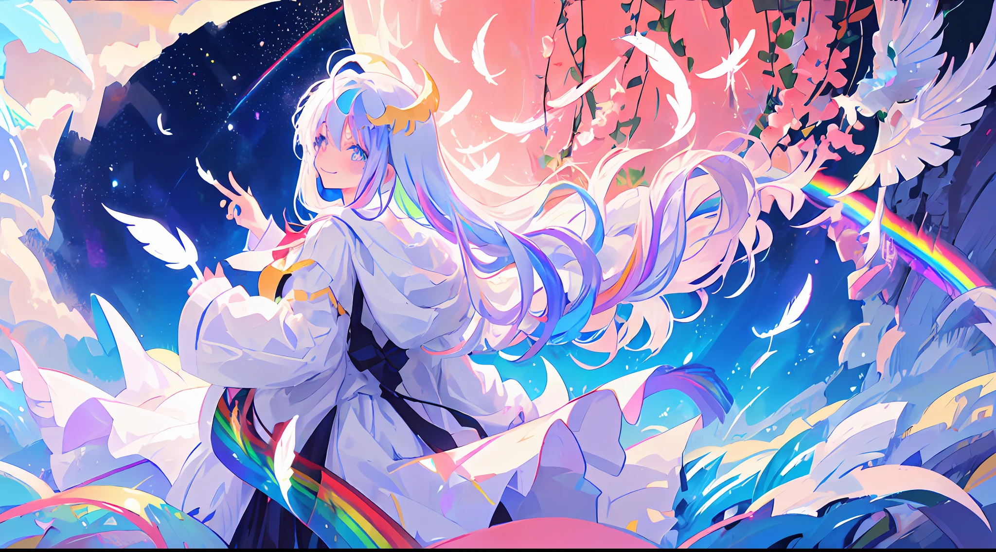 1girl, angle from the side, white hair (rainbow hair tips), face up, hair fluttering back, smile, happiness, white dress, iridescent eyes, transparent beautiful woman, transparent god, universe, peace sign, white feathers, iridescent pattern, dawn, mysterious, divine, comet, meteor shower, stars