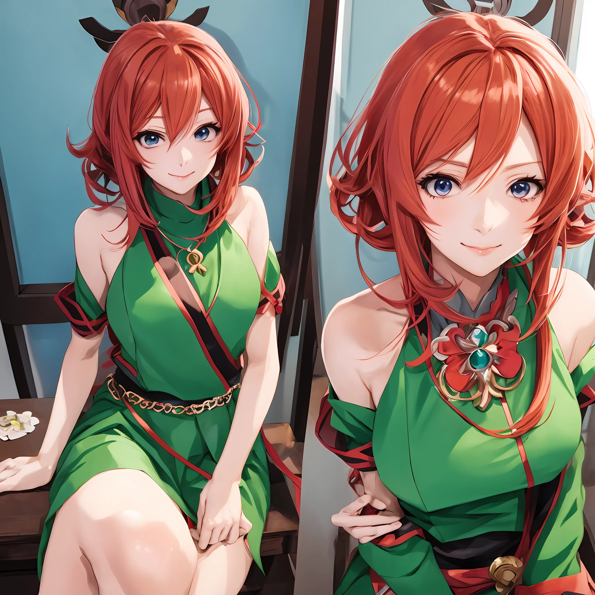 anime girl with red hair and green dress sitting at a table, anime visual of a cute girl, anime style portrait, anime moe artstyle, cute anime girl portrait, beautiful anime portrait, portrait of an anime girl, kawaii realistic portrait, digital anime illustration, portrait of cute anime girl, cute anime girl portraits, cute anime girl, detailed portrait of anime girl
