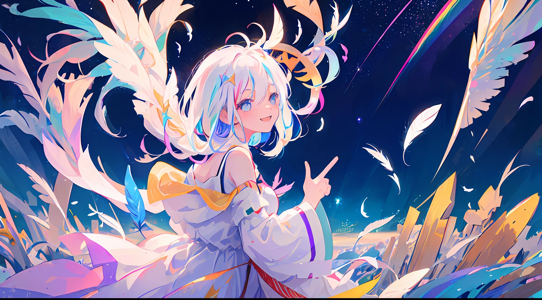 1girl, angle from the side, white hair (rainbow hair tips), face up, hair fluttering back, smile, happiness, white dress, iridescent eyes, transparent beautiful woman, transparent god, universe, peace sign, white feathers, iridescent pattern, dawn, mysterious, divine, comet, meteor shower, stars