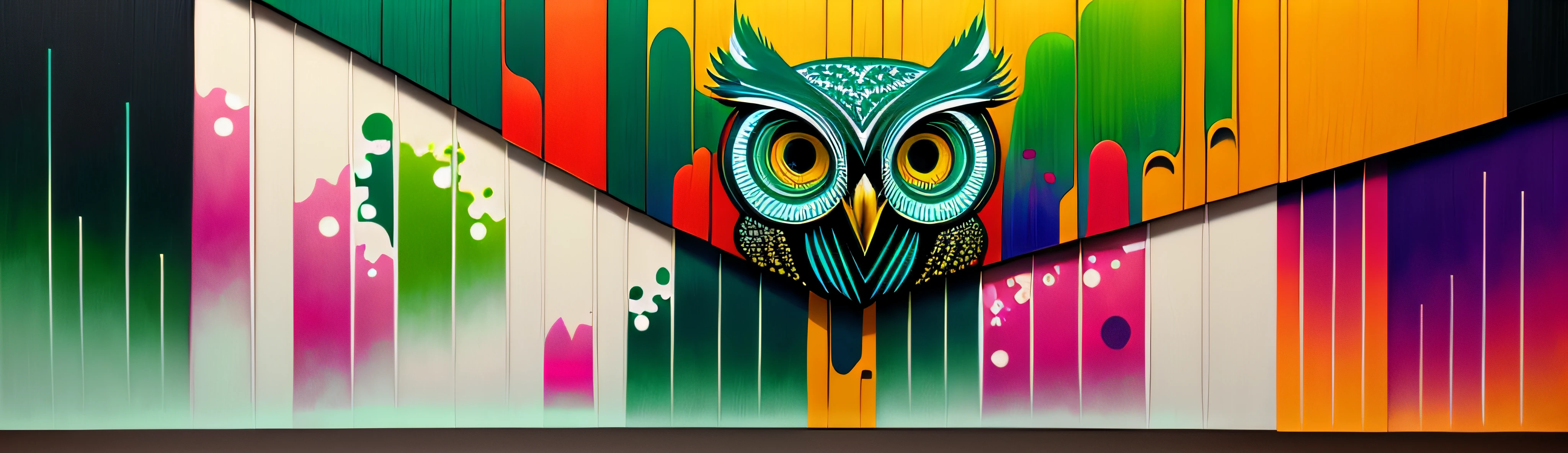 Featuring an exquisitely designed minimalist owl art with vivid colors, intricate patterns, and dark green and white details. The painting is leaning against the back of the room, creating a dynamic and casual display. The combination of the psychedelic art of the owl adds a touch of artistic fascination to any space. --auto --s2