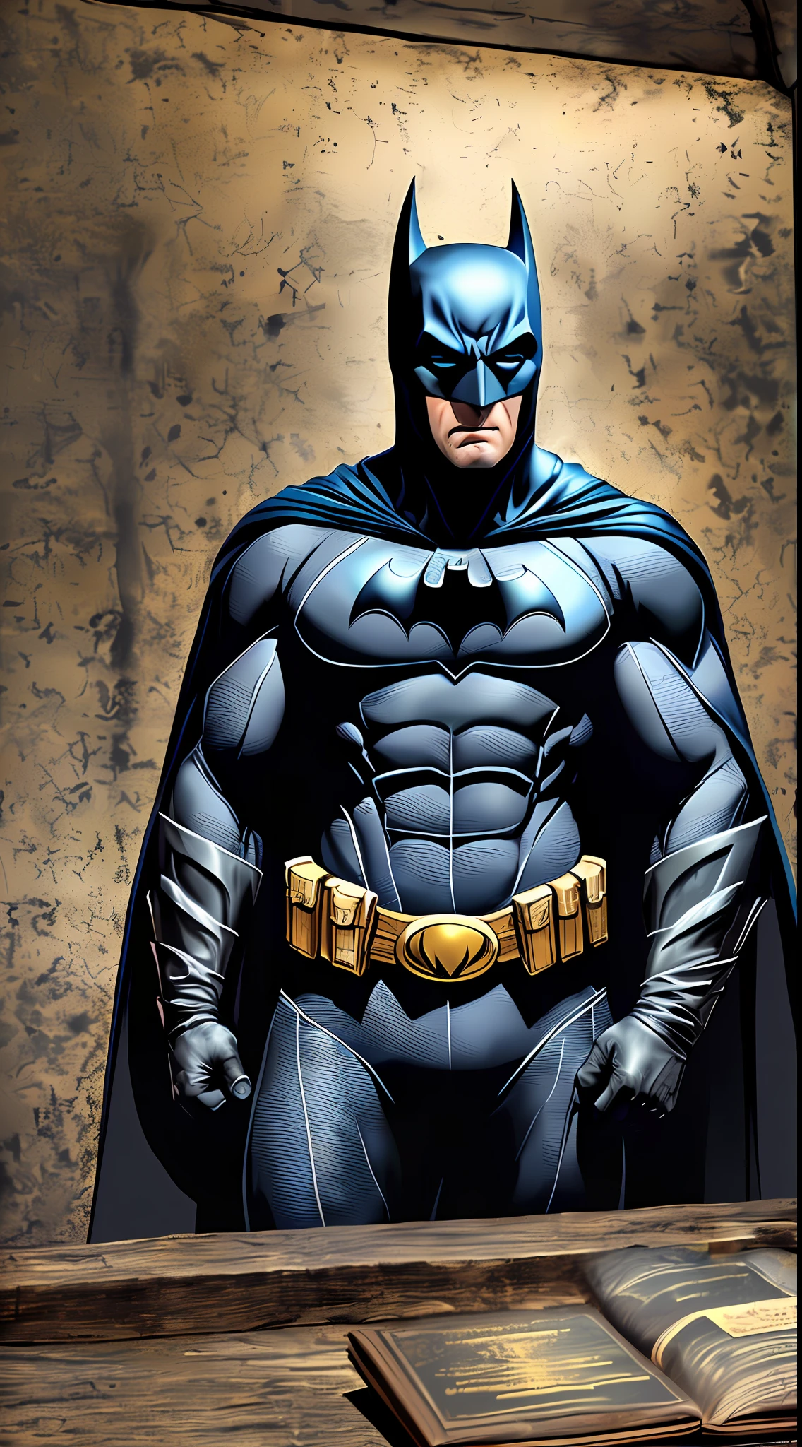 1 man, solo, Ben Affleck as Batman, tall, hunk, muscular, bulk, wide shoulder, photorealism, dark dirty grey suit, dark grey arms, ((no mask)), mask off, black hair, black gloves, best quality, masterpiece, high resolution:1.2, black cape, high detailed mask, high detailed suit, high detailed face, award winning, night time, a dark cave in the background, indoors