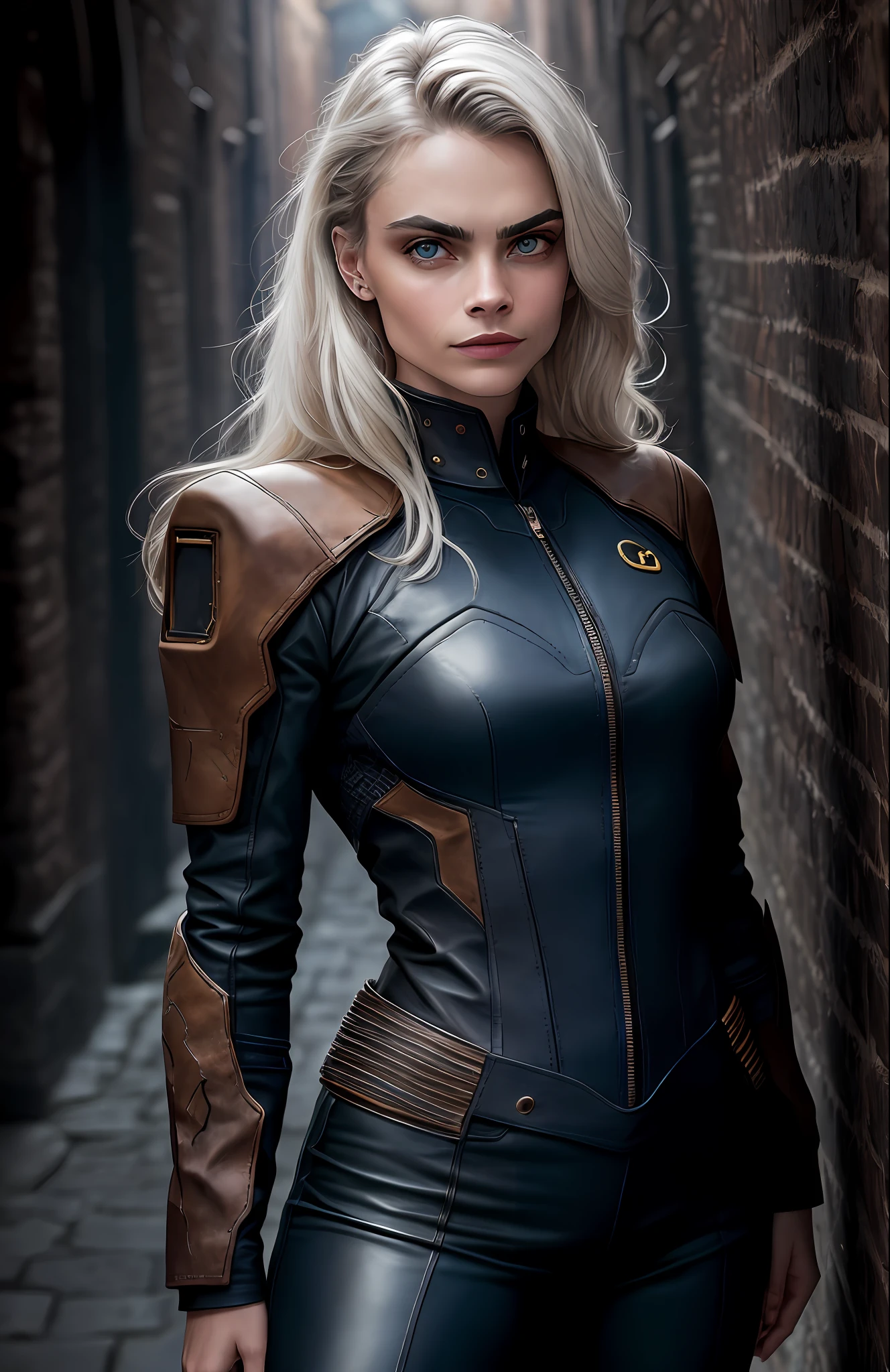 (dark photo: 1.1), realistic epic, halo portrait, long hair, dark blue eyes, white hair of celeana sardothien, face delevingne, character with the face of Cara Delevingne, Corner smile, yellow gradient, black, brown and magenta color scheme, medieval aesthetic, village wall background, soft cinematic light, adobe lightroom, photo lab, hdr, intricate, black and brown leather clothing tight on the body,  Highly detailed, with navy blue cover, (depth of field: 1.4), faded, (neutral colors: 1.2), (HDR: 1.4) , (soft colors:1.2), hyperdetailed, (Artstation:1.4), cinematic, warm lights, dramatic light, (intricate details:1.1), complex background, (Rutkowski:0.66), (blue and orange:0.4)