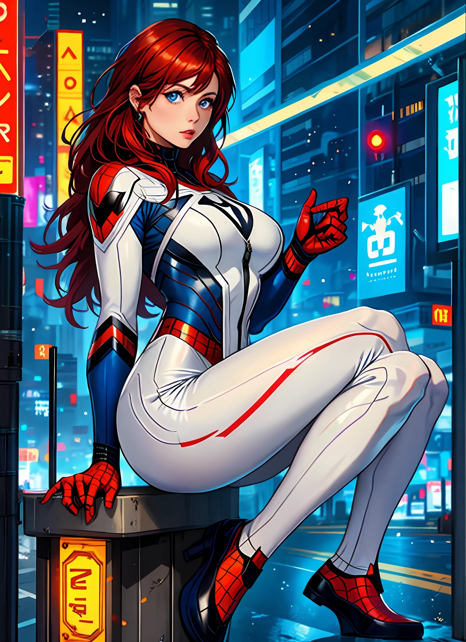 Woman with spider-man cosplay, white costume, red hair, blue eyes, full body, sexy, big breasts, cyberpunk city, bright colors, realistic, 8k, utra well detailed, perfect,