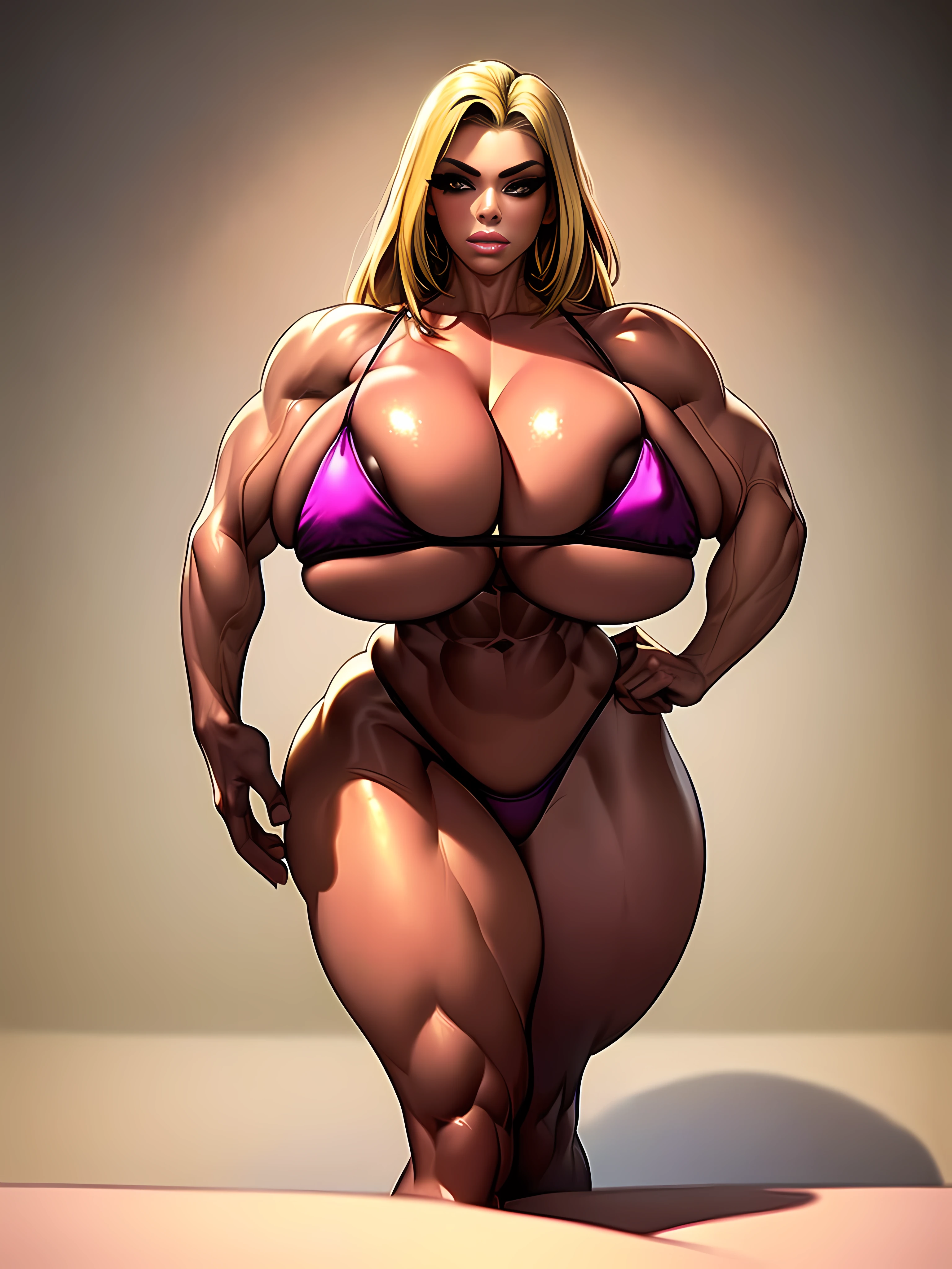 ((Masterpiece)), ((Perfect Face)), ((Best Quality)), 1girl, Mature female bodybuilder, big muscles, blonde, big breasts, huge legs, big buttocks, bikini, beautiful, full body centered using up to 5/7 image width