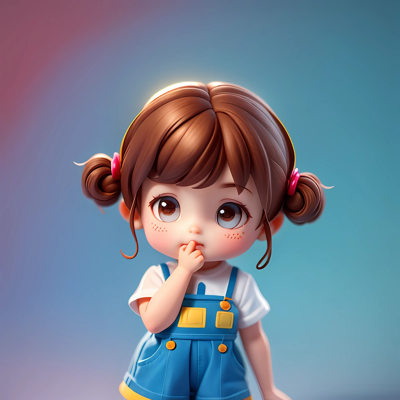 Blind box toy style, a cute little girl with cute face, brown hair, white short sleeves, blue suspenders