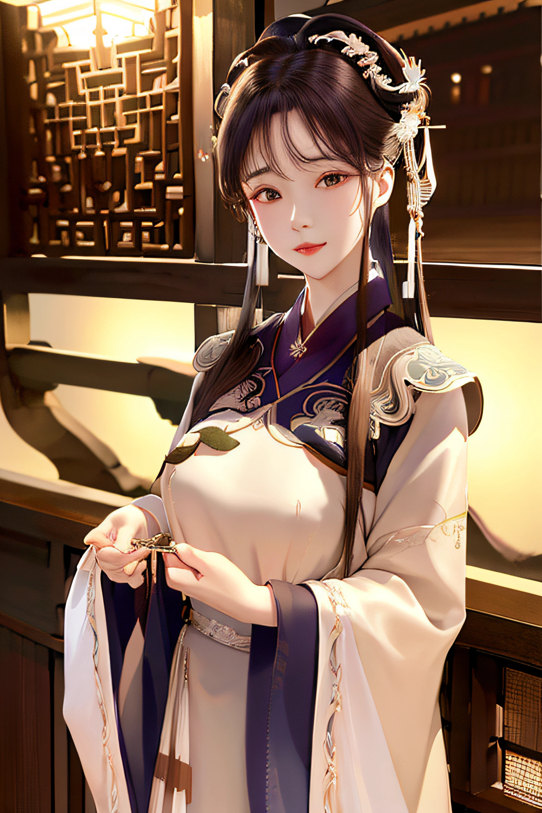 upper body, oil painting, masterpiece, best quality, highres, long brown updo hair, jewelry hairpin, breast, classic night market, ming Dynasty, ming clothing,