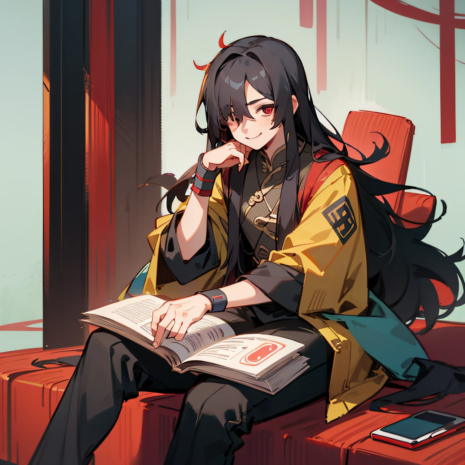 Yuan Jing (HSR), hair more than one eye, 1 boy, long hair, black hair, shut up, solo, sitting position, looking at phone screen, smile, male focus, red eyes, with mask