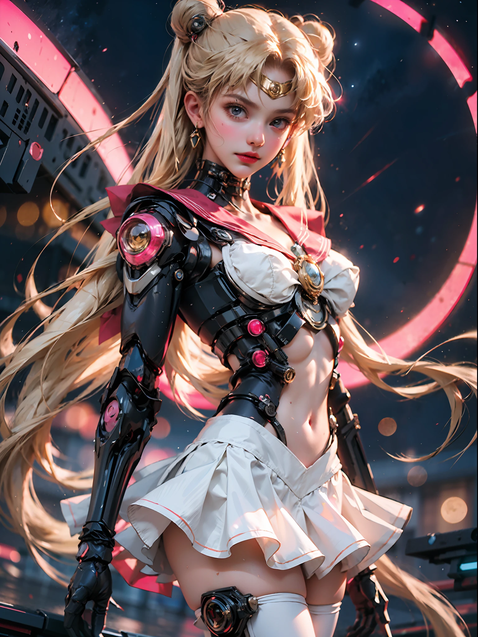 Masterpiece, detailed details, 1 mechanical girl: 1.4, cyberpunk style, sci-fi style, sailor Moon, long blonde hair, humanoid body, red and white sailor suit, red bow on chest, delicate facial features, mechanical arms, pink short skirt, night, starry sky, moon in the background